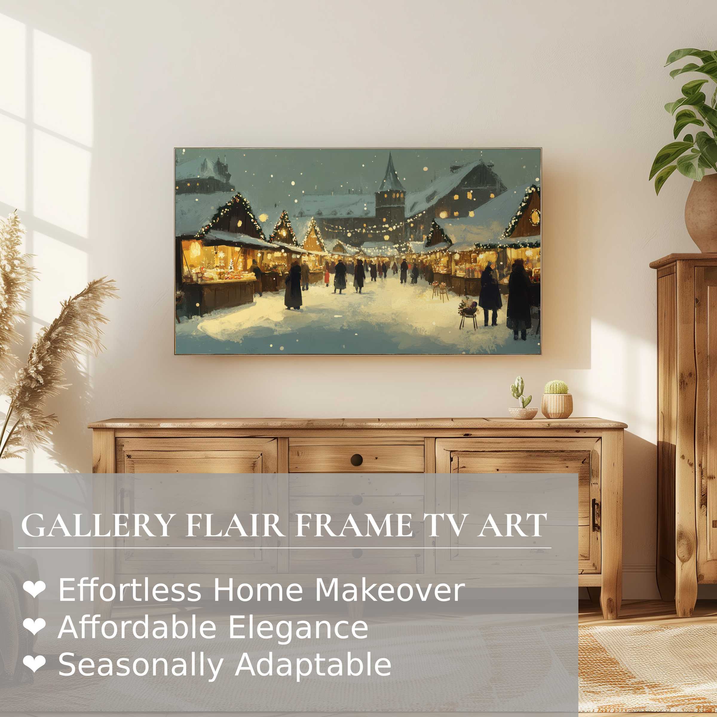 Samsung Frame TV displays elegant christmas digital artwork of a cozy snowy village market in warm tones