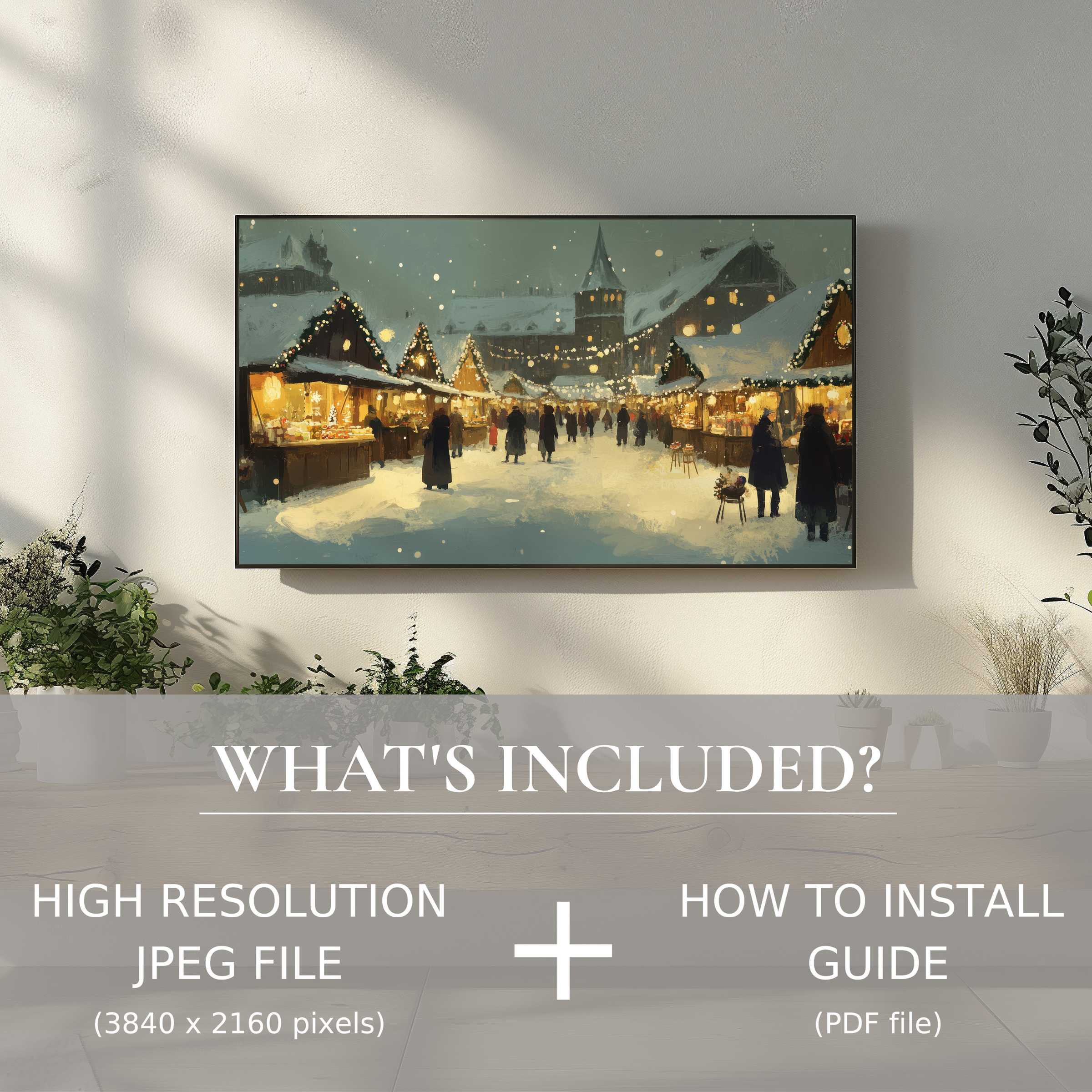 Elegant christmas digital TV art download showcasing a cozy market scene, enhancing your space with easy digital use