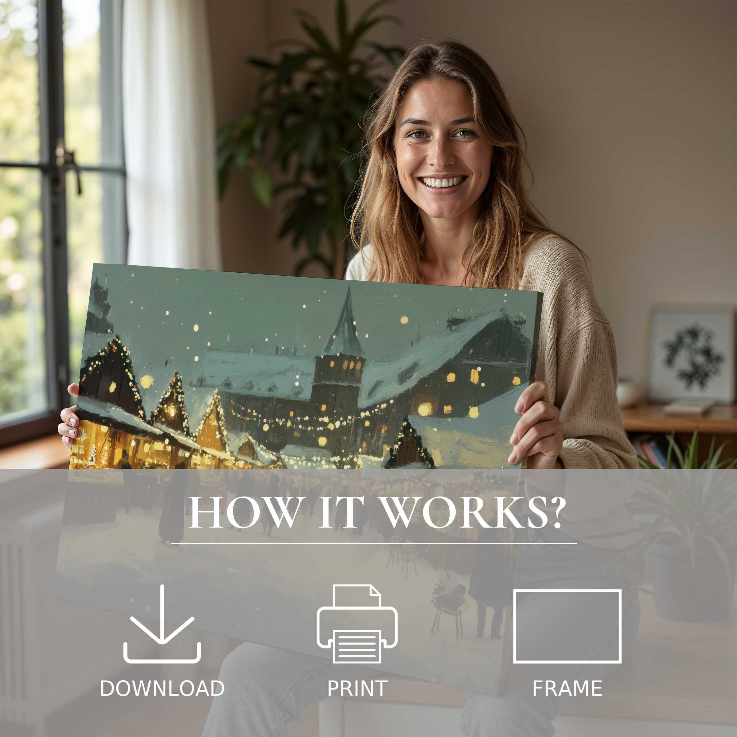 Warm light and snowy hues illuminate a Christmas digital art print in a stylish home, inviting joy and effortless elegance