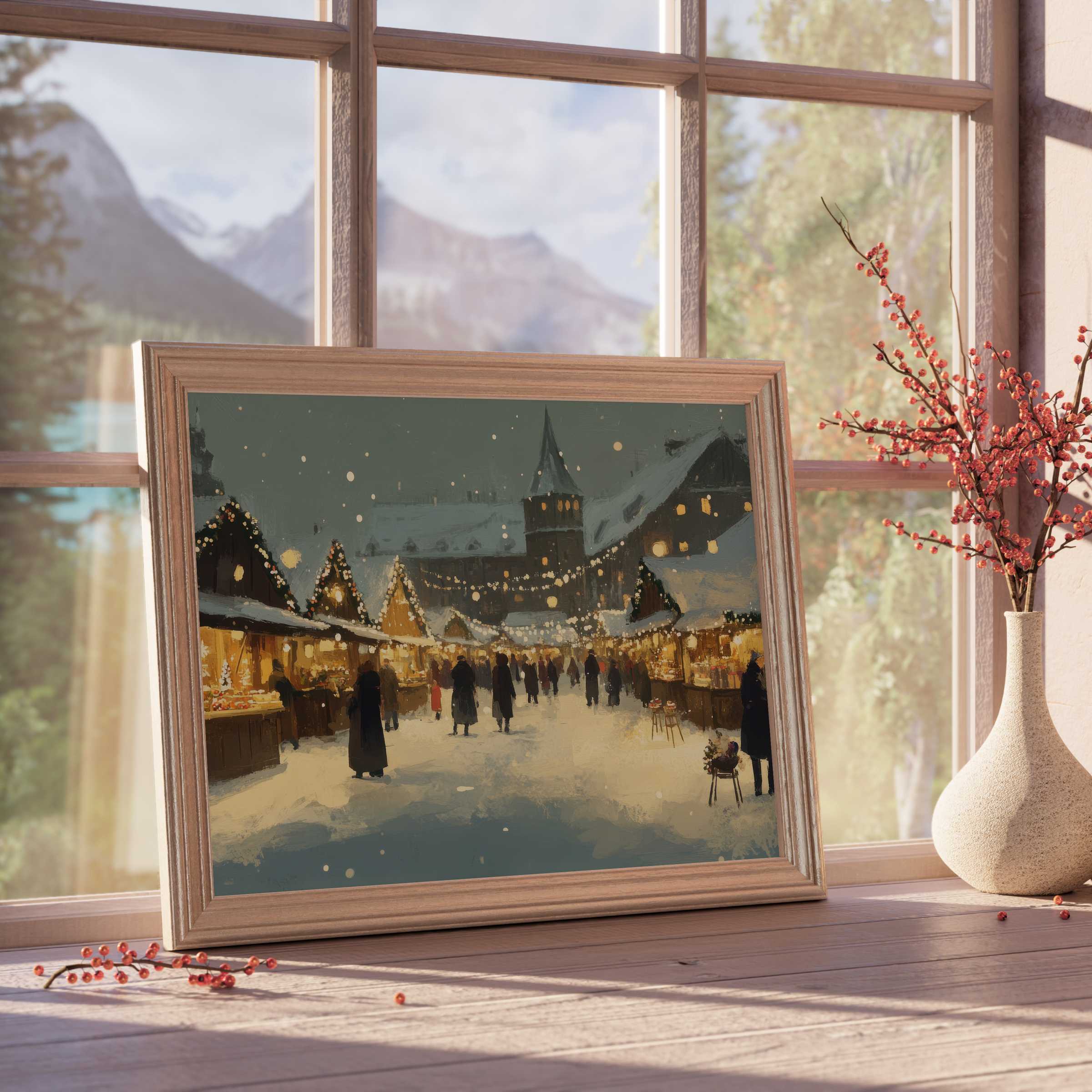 Christmas downloadable art capturing a serene winter market aglow with warm lights, perfect for elegant, cozy home decor
