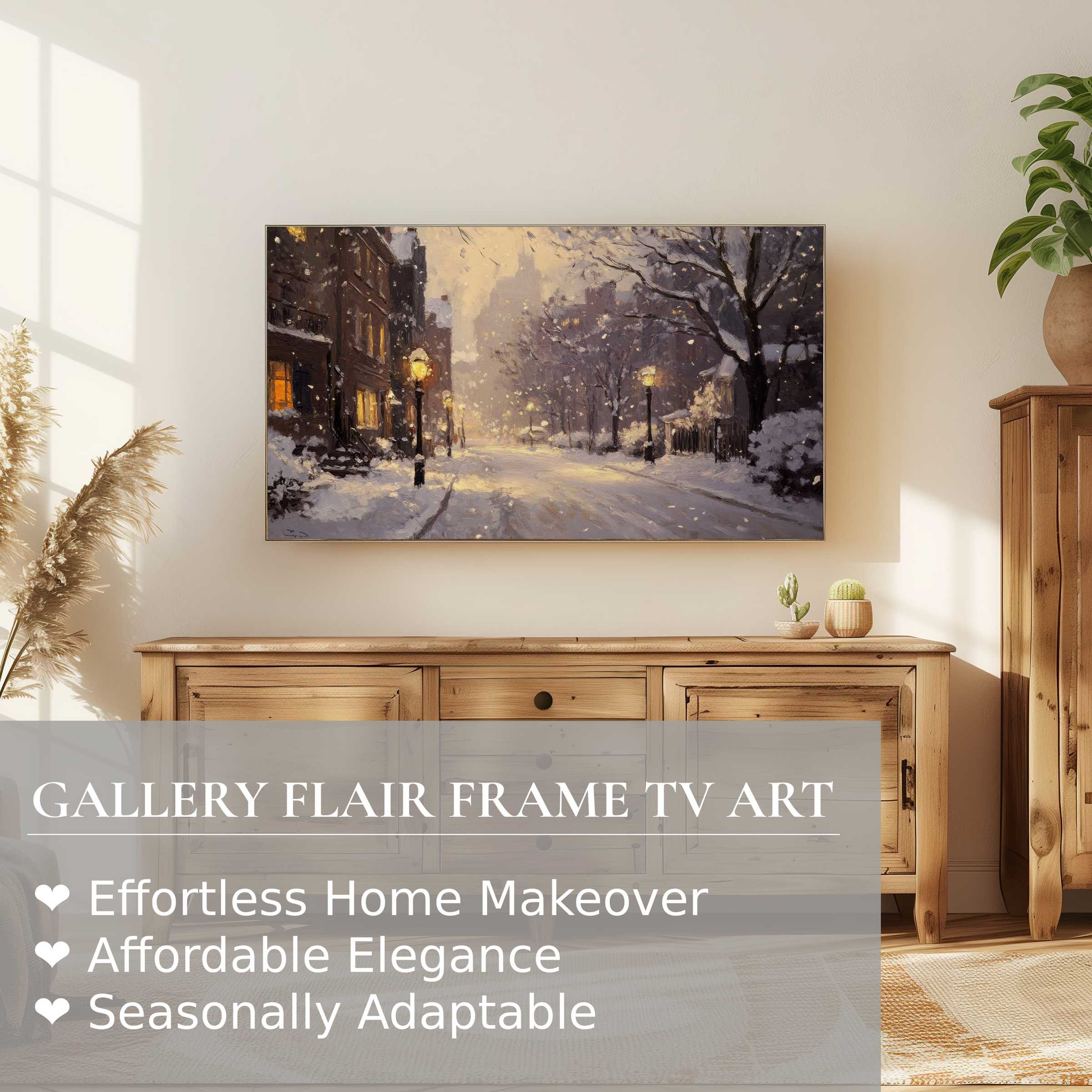 Samsung Frame TV displays elegant winter digital artwork, blending modern decor with serene snowy cityscape charm