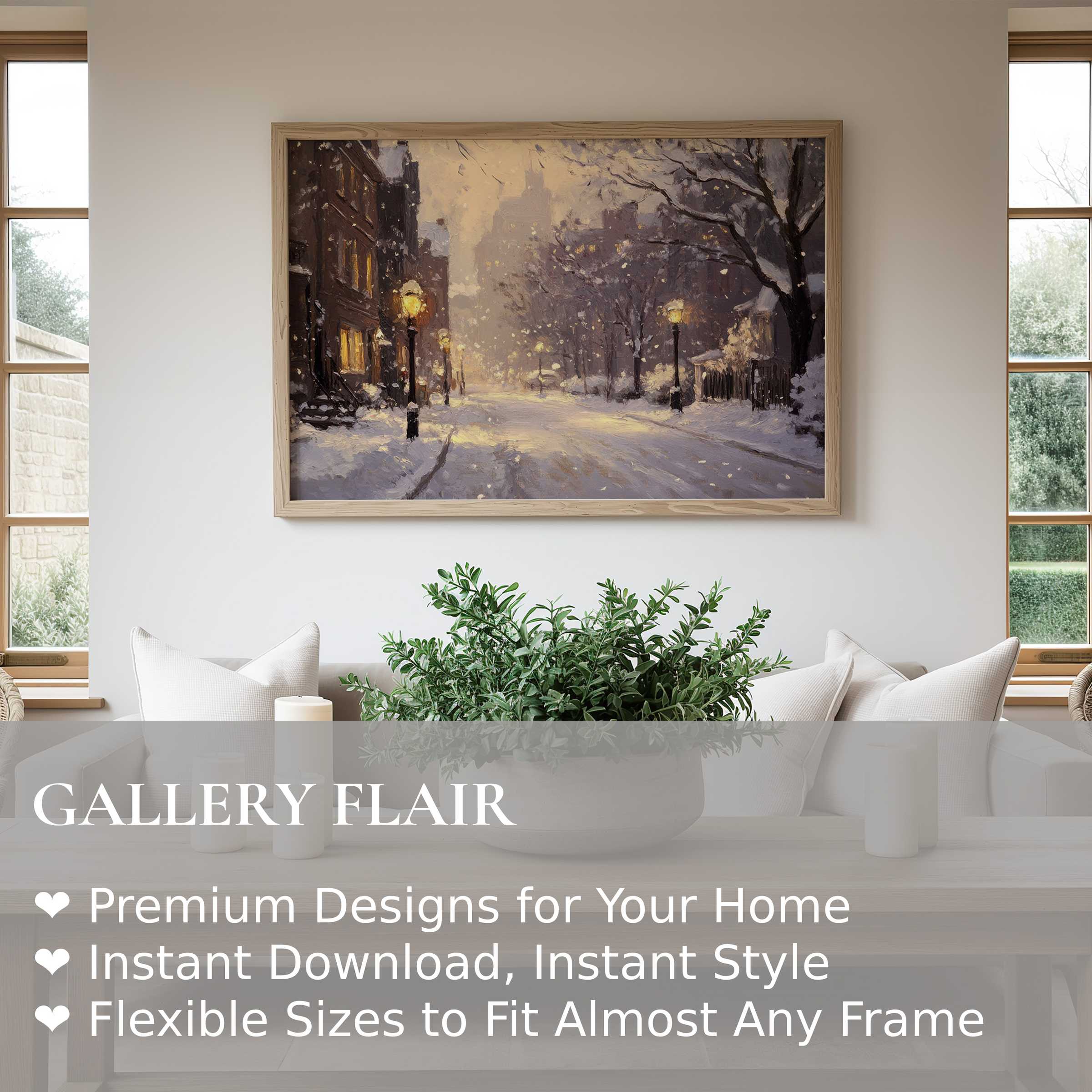 Winter wall art print of a serene snow-covered street at dusk with warm lamplight, enhancing modern minimalist interiors with cozy elegance