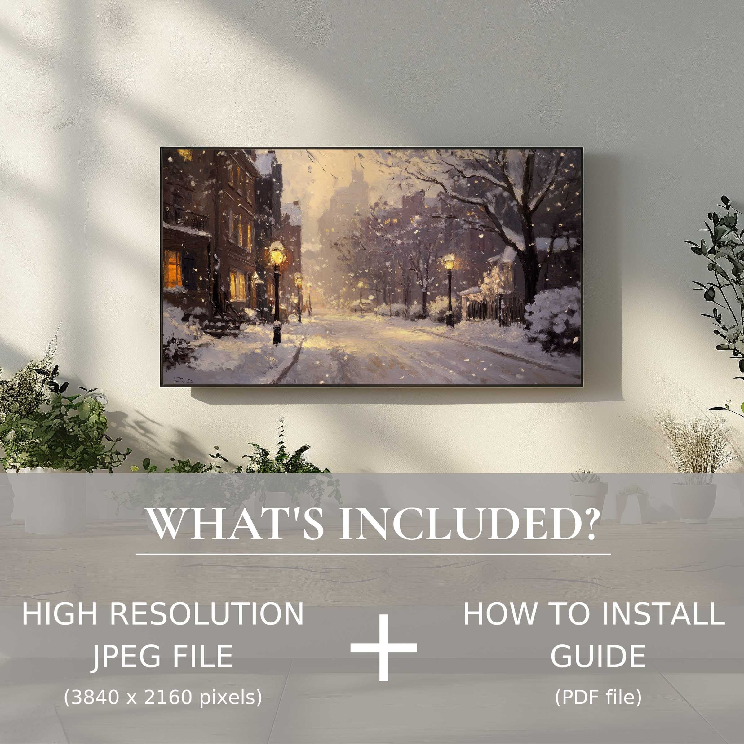 Winter digital TV art download showcasing a serene snowy street, elevating spaces with effortless digital elegance