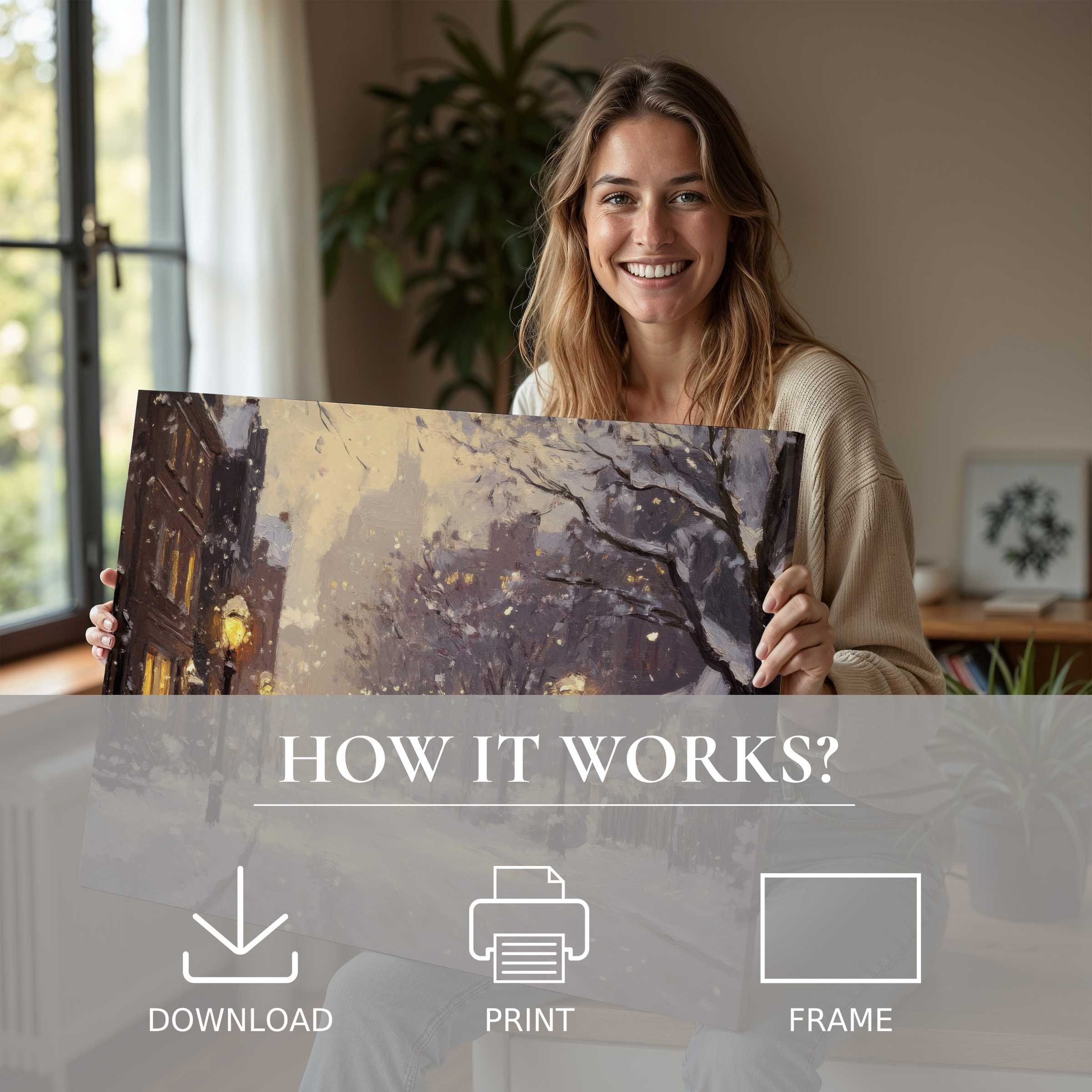 A joyous moment in a modern home, embracing the serene charm of a winter digital art print that transforms space with ease