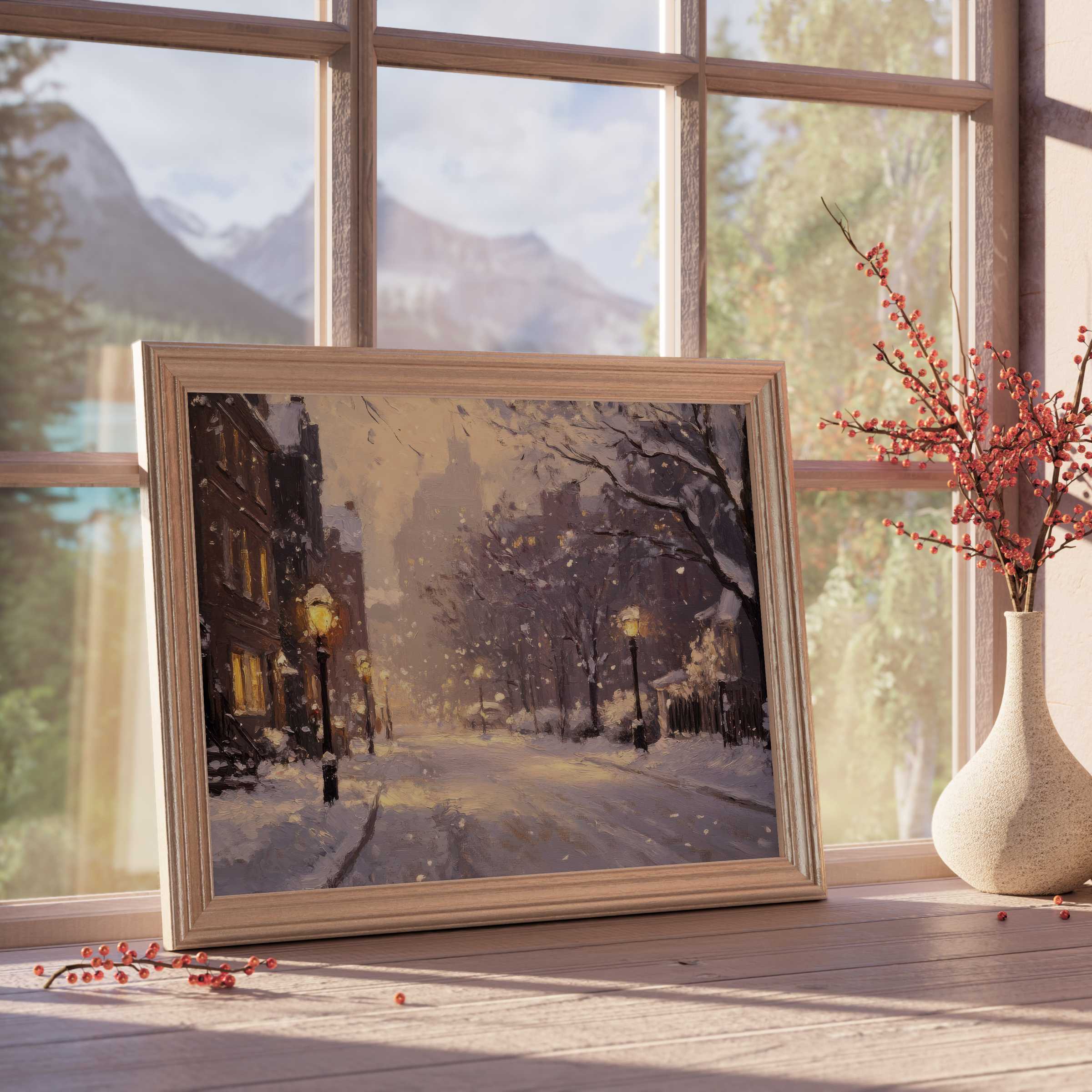 Winter downloadable art capturing a serene snowy cityscape with glowing street lamps, perfect for elegant, cozy interiors