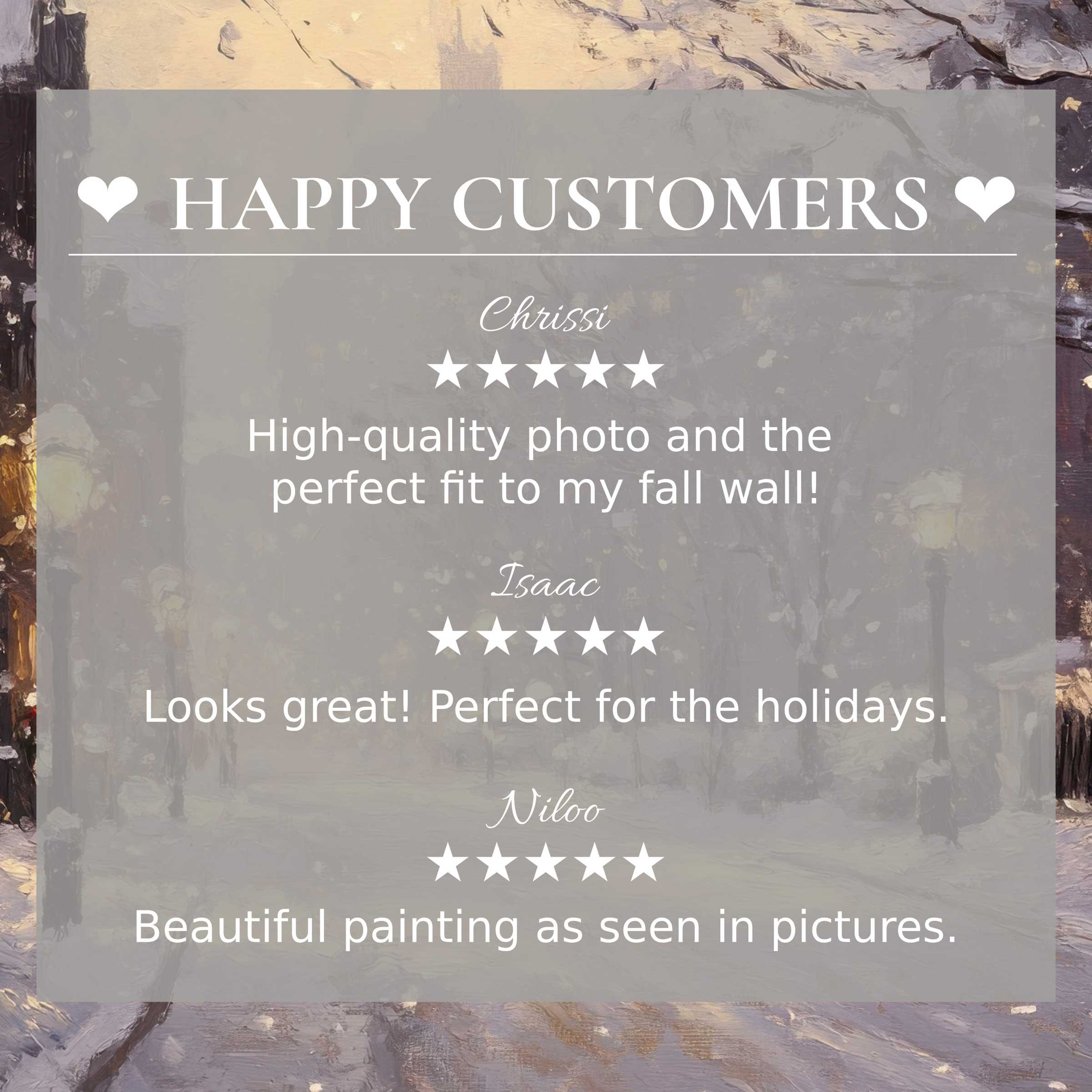 Elegant winter art for Frame TV with soft abstract sunset background, showcasing happy customer reviews for trusted style