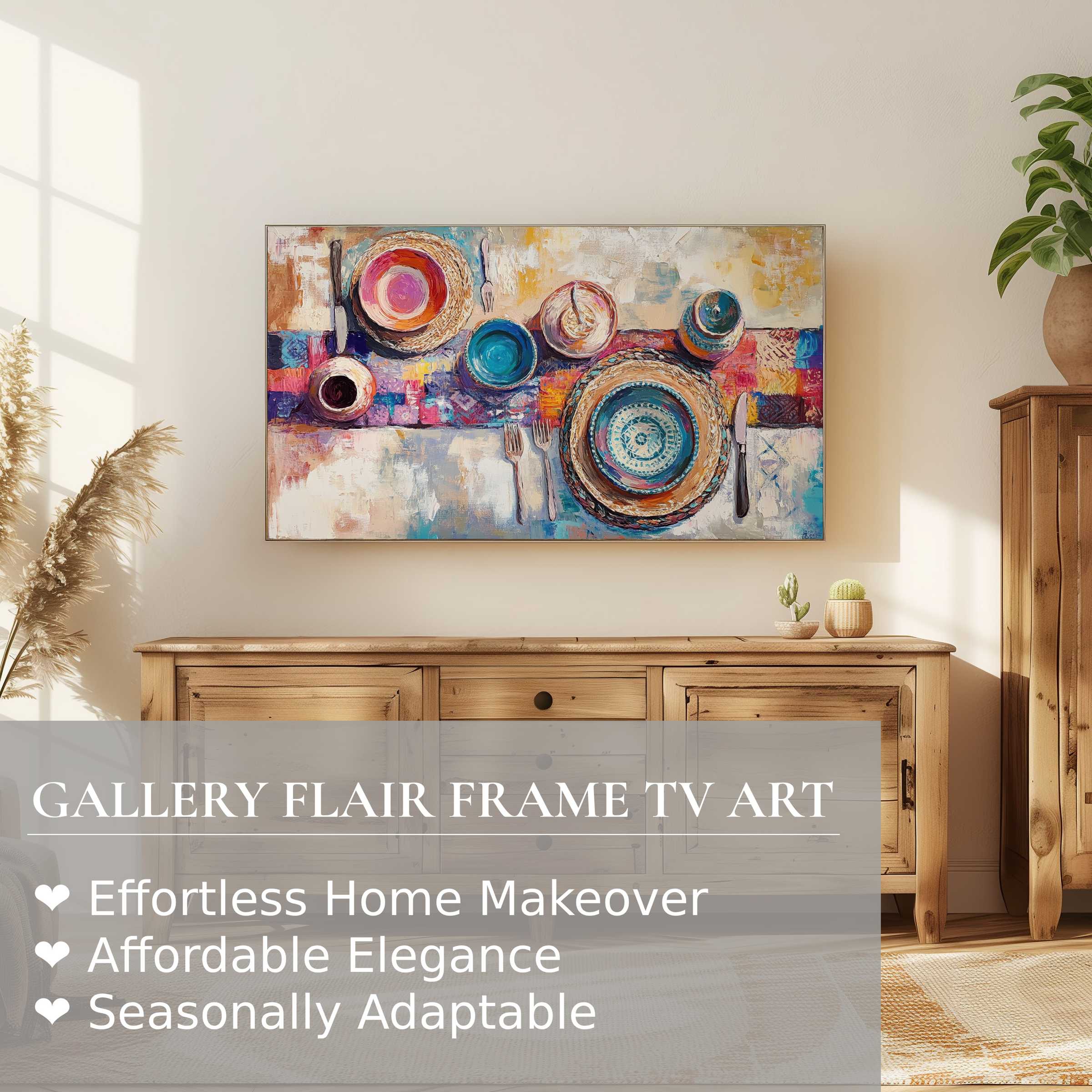 Samsung Frame TV showcasing vibrant boho digital artwork in a sunlit room with rustic wood furnishings