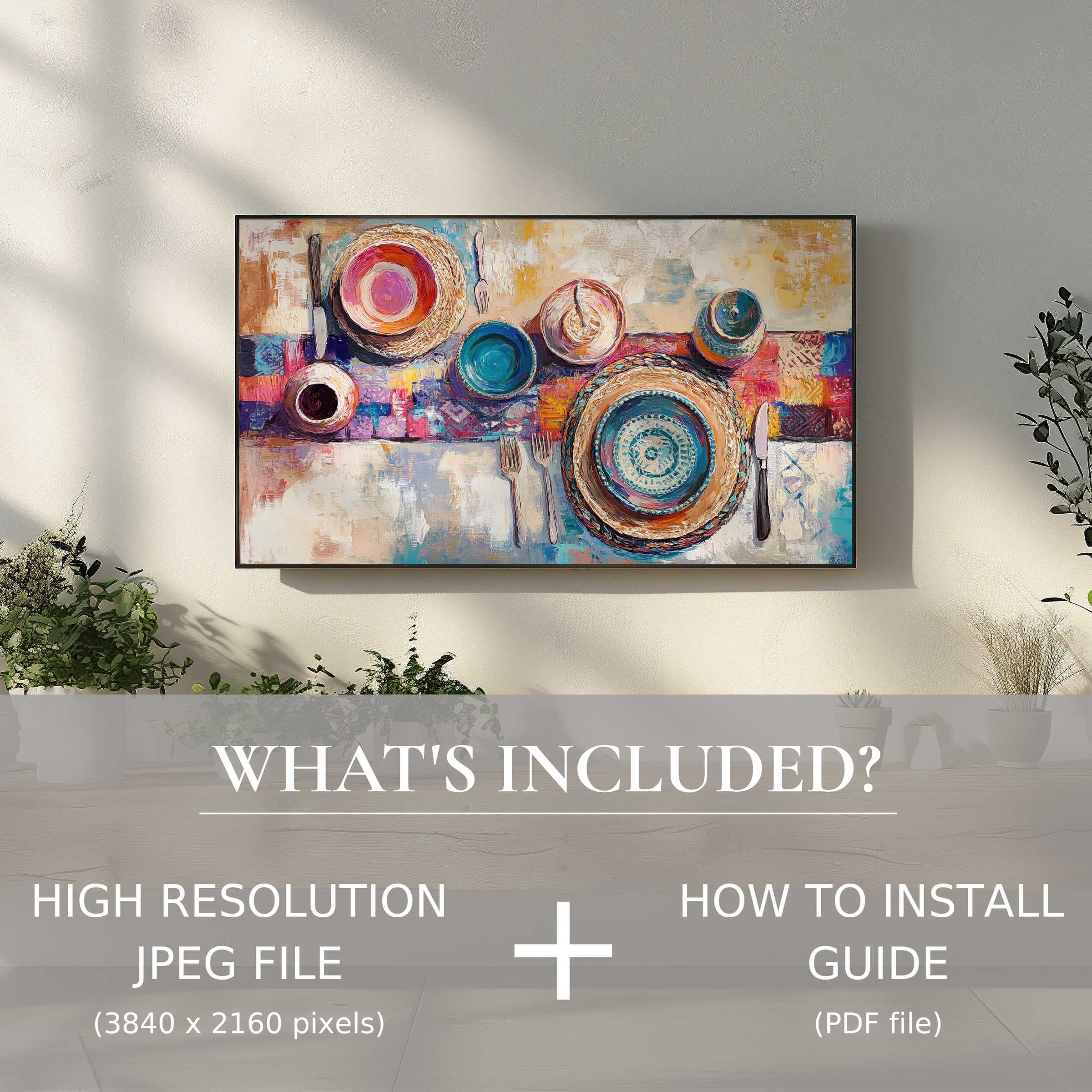 Boho digital TV art download, elevates modern living spaces with effortless digital use and vibrant bohemian charm