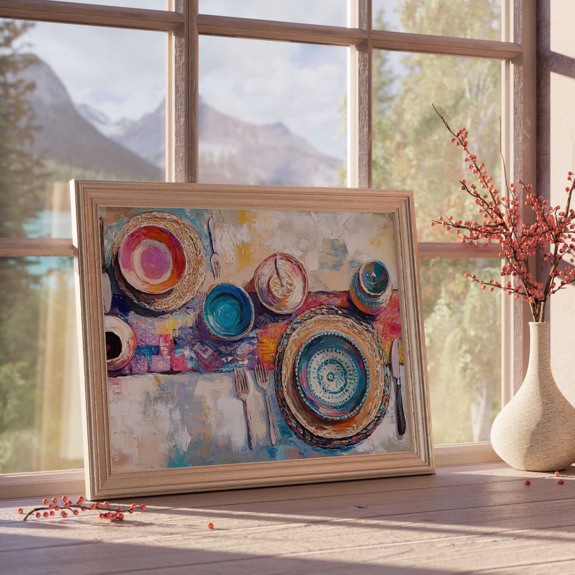 Boho downloadable art featuring vibrant, textured tableware in warm, curated tones enhancing tranquil, design-forward interiors