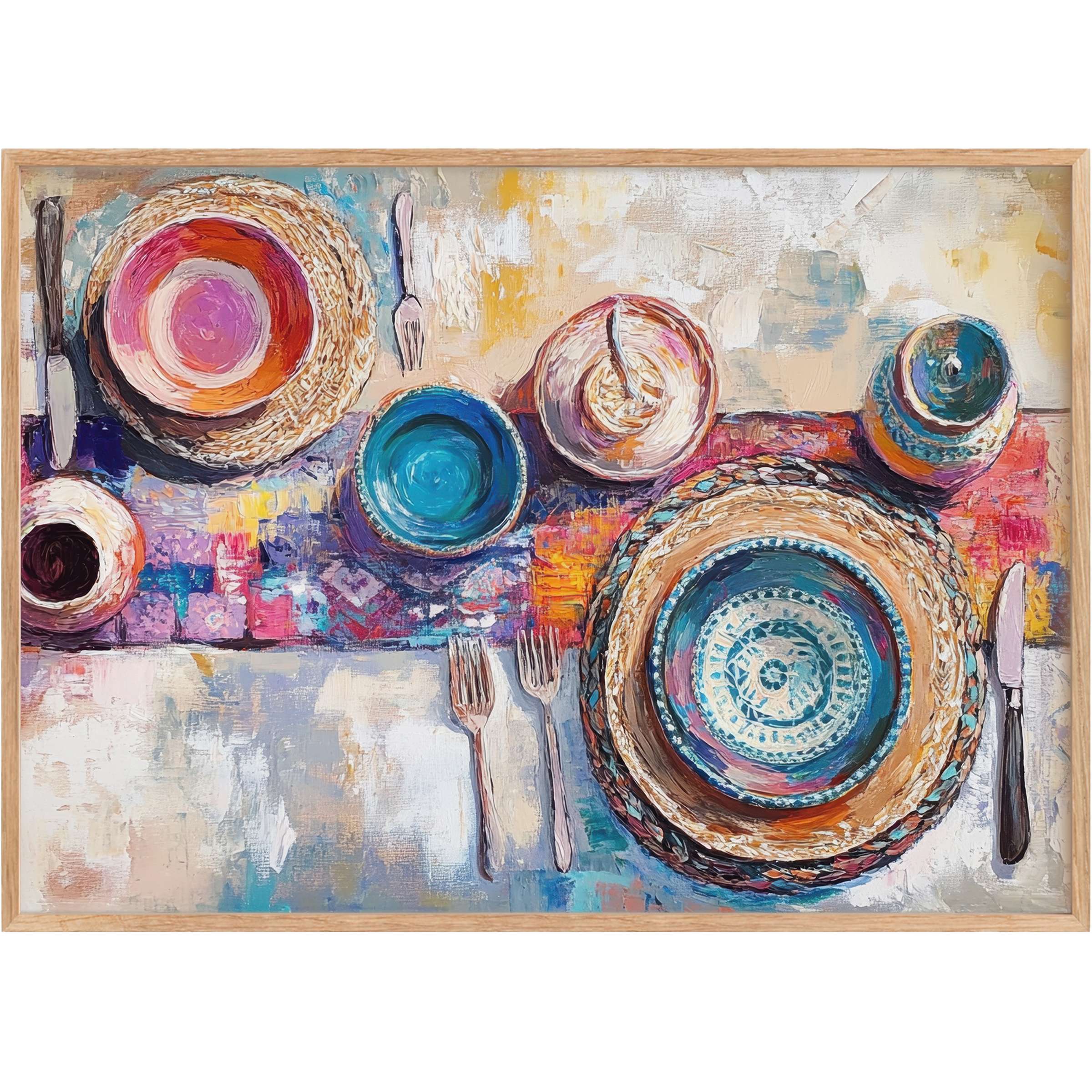 Boho printable wall art with vibrant turquoise, coral, and warm earth tones evokes a radiant, inviting dining ambiance