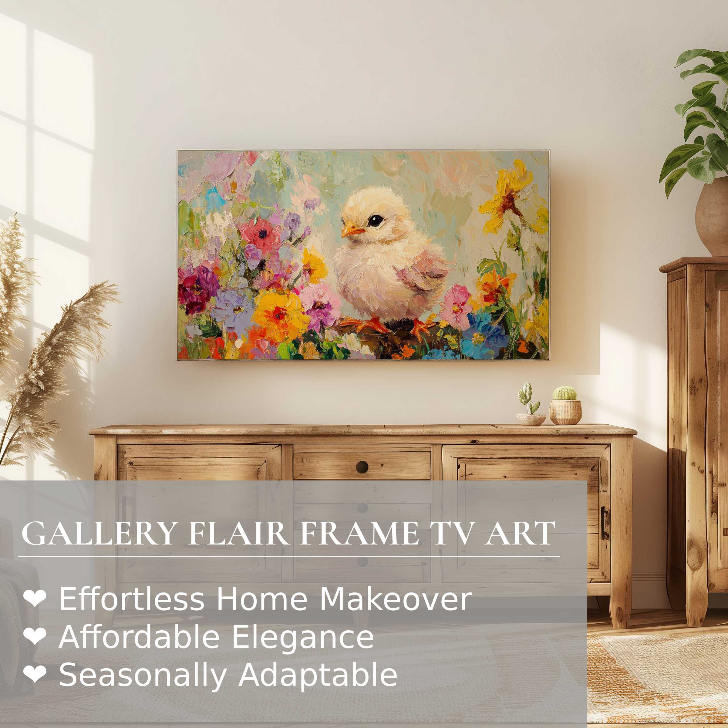 Samsung Frame TV displaying delicate easter digital artwork of chick with vibrant spring florals in a modern, warm setting