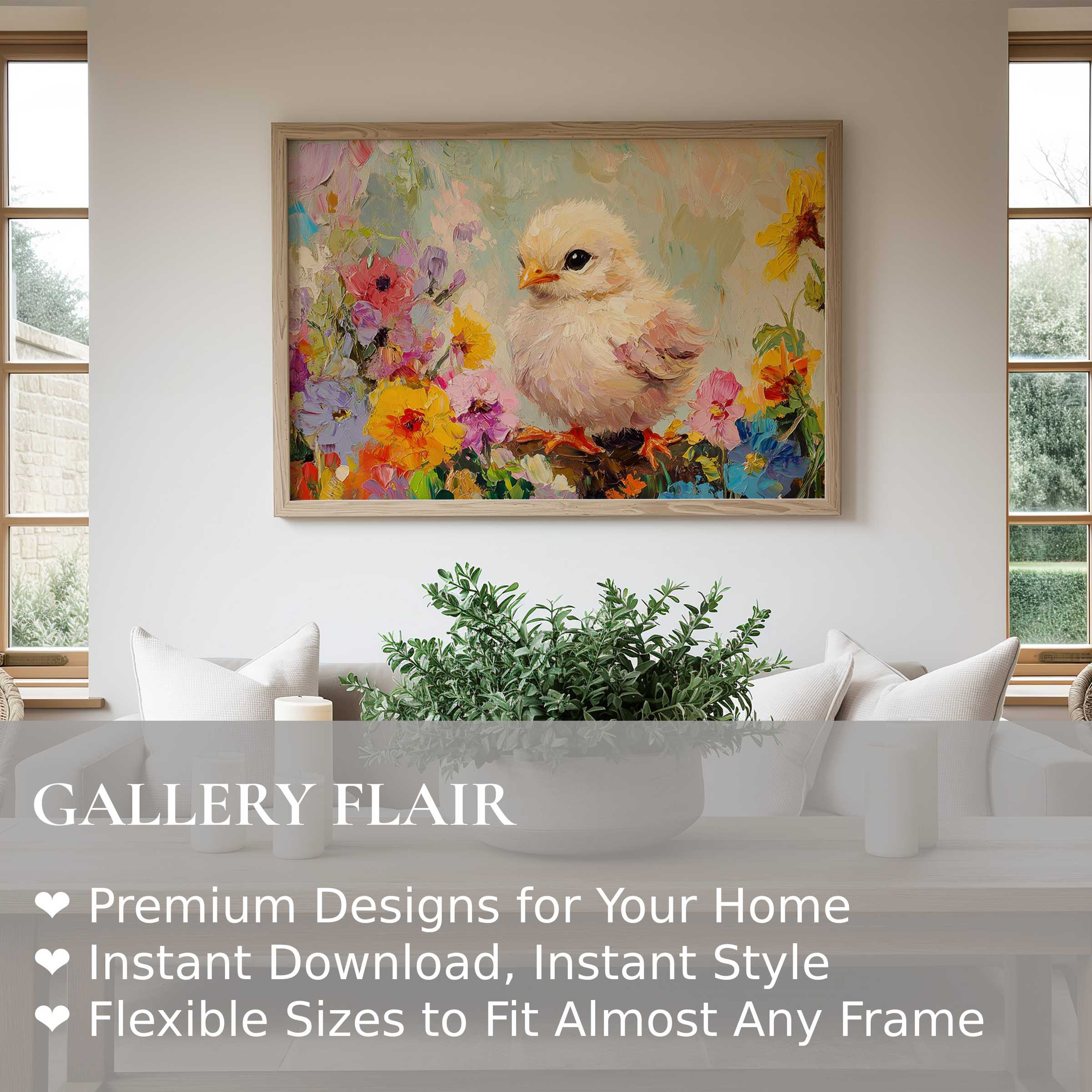 Easter wall art print with radiant chick amid vibrant spring blooms, enhancing modern minimalist living rooms with cheerful charm