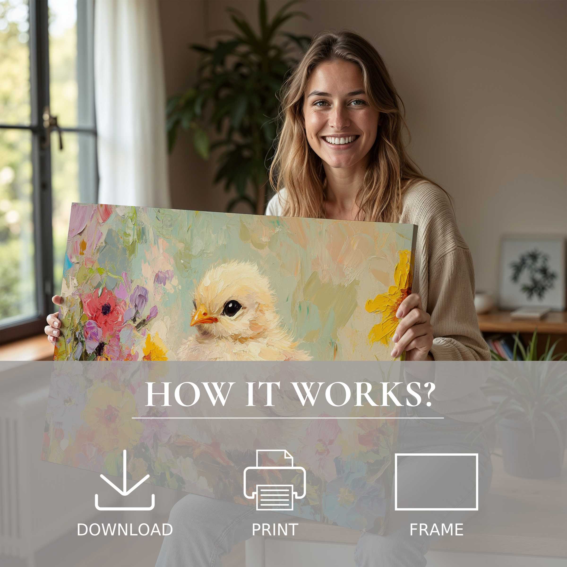A joyful moment of connection as a woman reveals a pastel Easter digital art print, embodying serene elegance and effortless home style