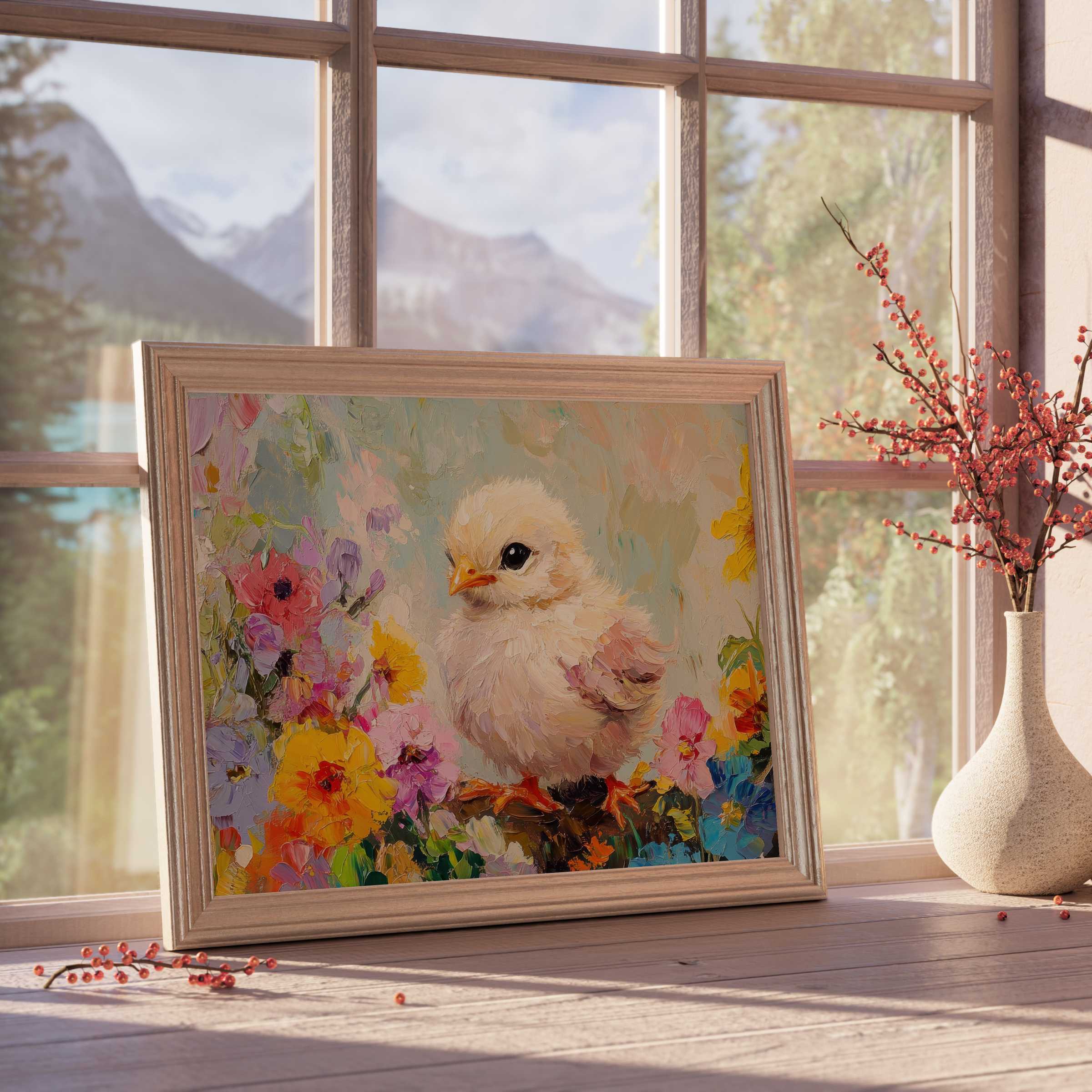 Easter downloadable art featuring a delicate chick amidst vibrant spring blooms, perfect for serene, design-forward interiors