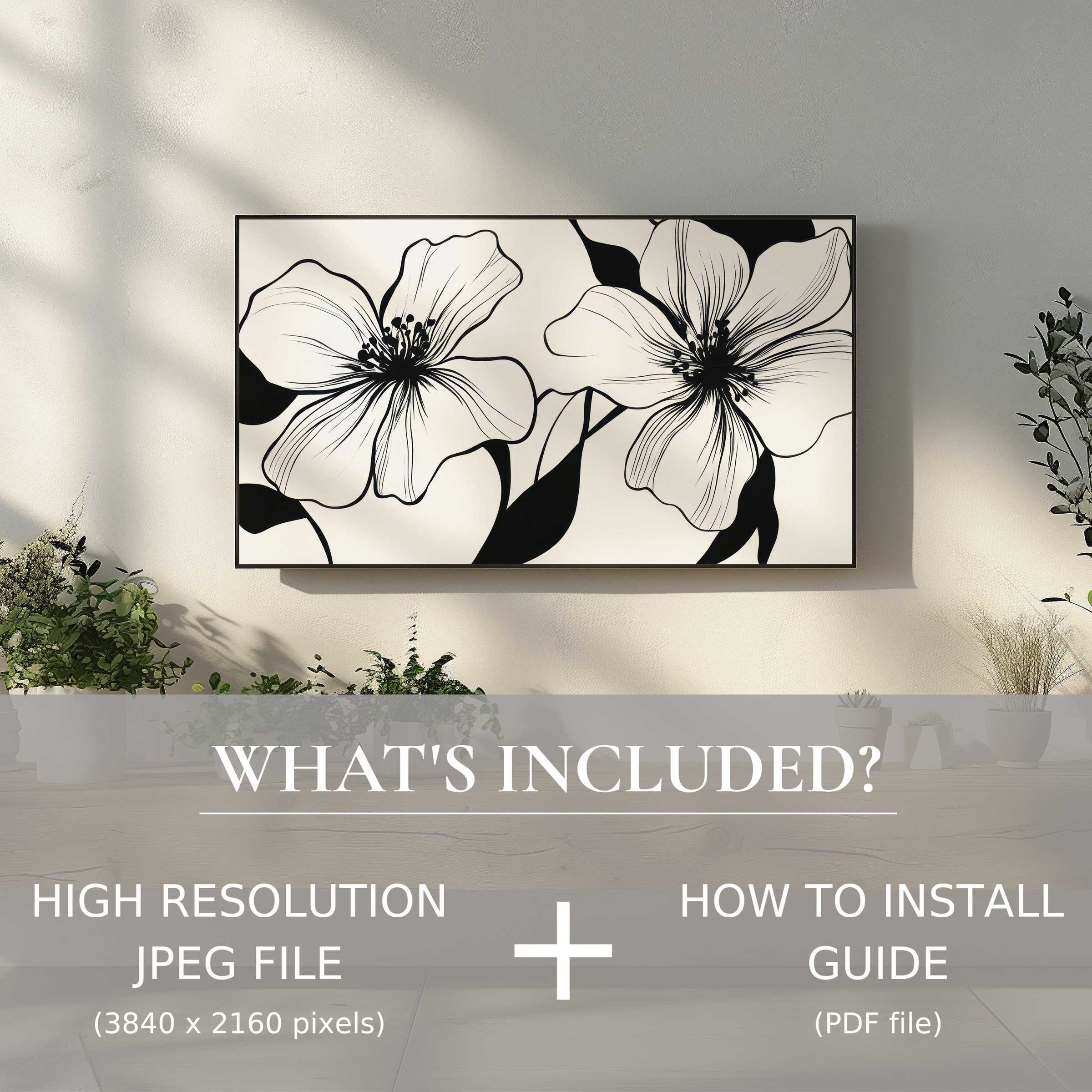 Elegant black and white digital TV art download enhances modern living spaces with easy digital use and sleek floral design