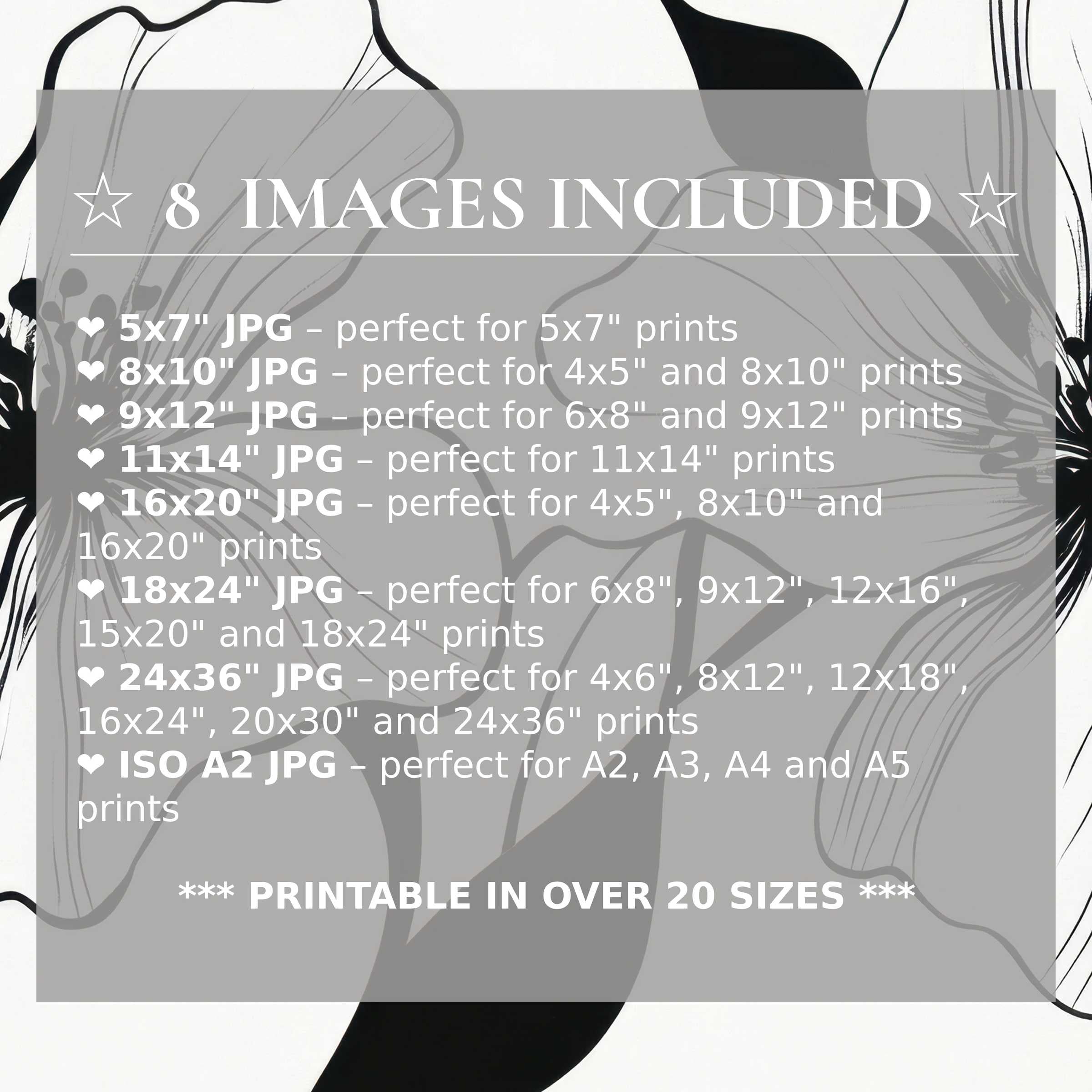 Black and white digital print exudes bold elegance and timeless contrast, delivered in 8 high-quality sizes for versatile luxury décor