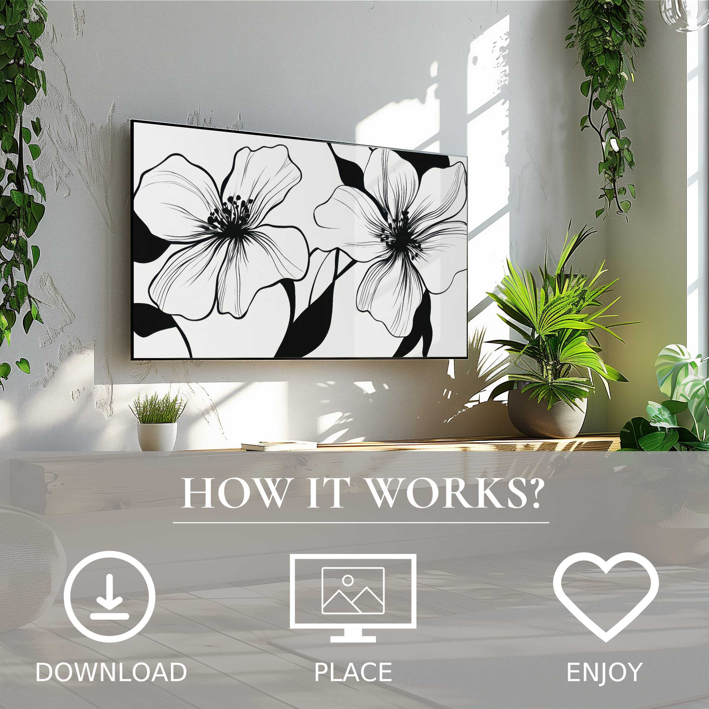 Black and white art for Samsung TV shows bold floral lines, easy digital download enriches modern living spaces