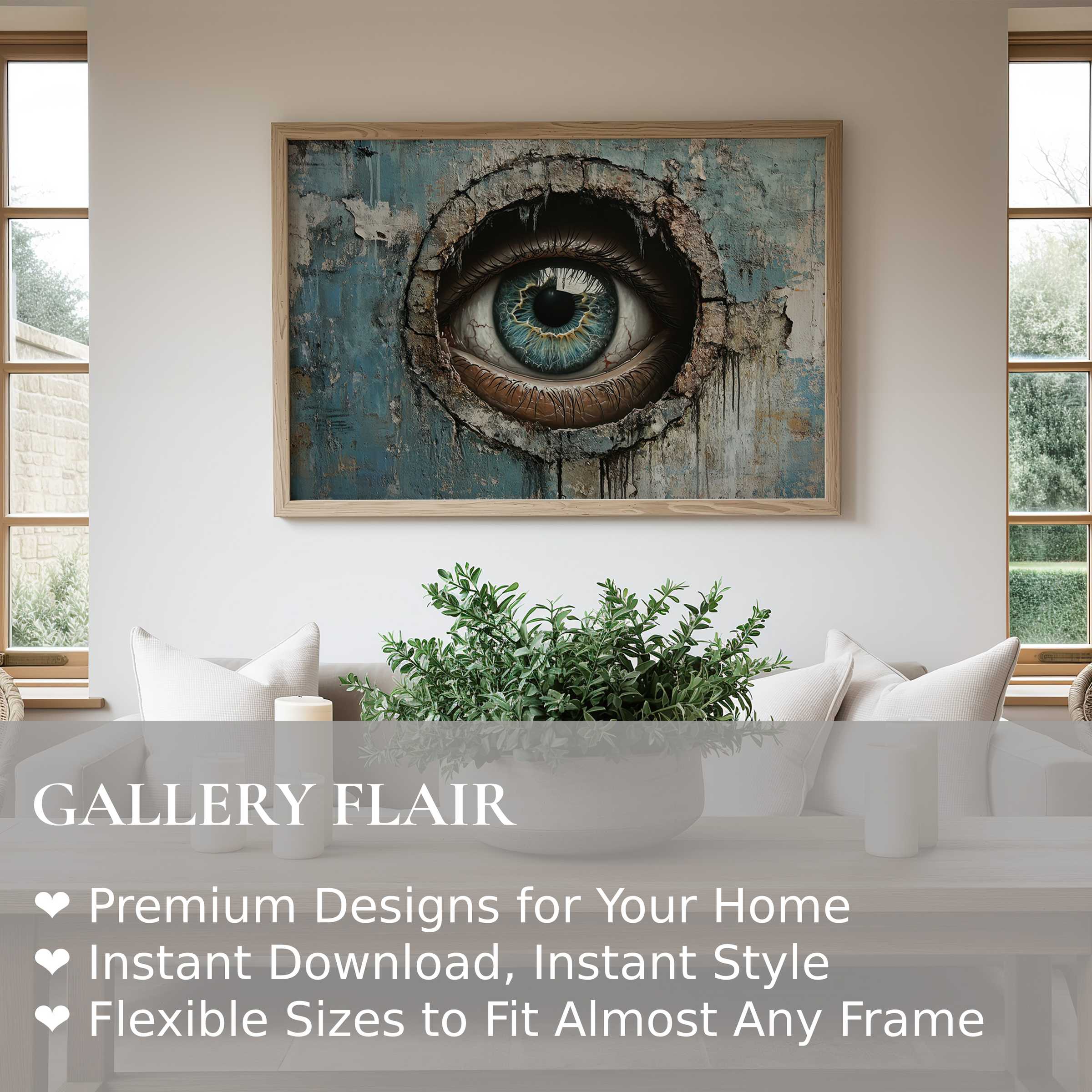 Street art wall art print featuring a bold, hyper-realistic eye with textured urban decay, enriching a minimalist, modern living space