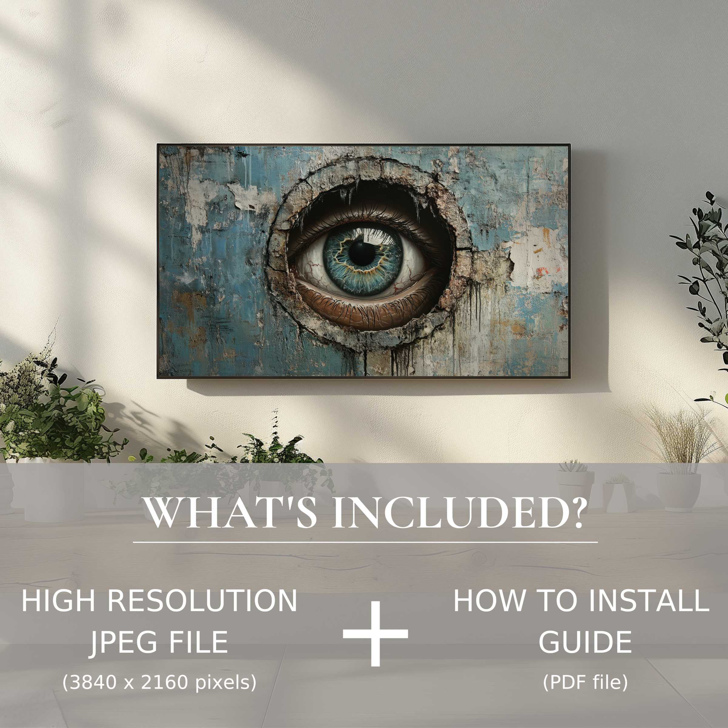 Stylish living room with street art digital TV art download, easy use, enhancing space with vivid, modern eye design