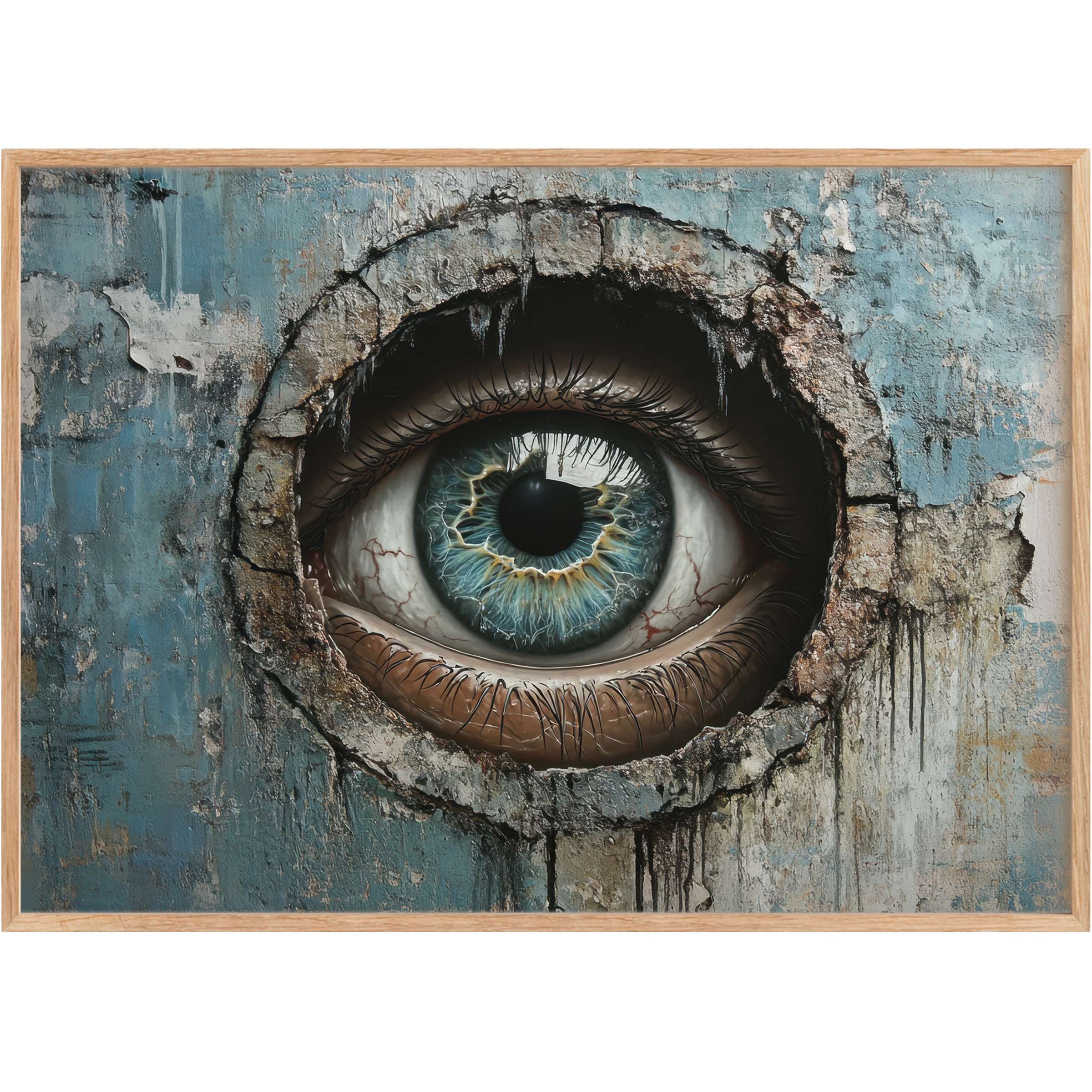 Striking street art printable wall art featuring a mesmerizing blue eye framed by weathered textures, evoking bold intrigue and urban sophistication