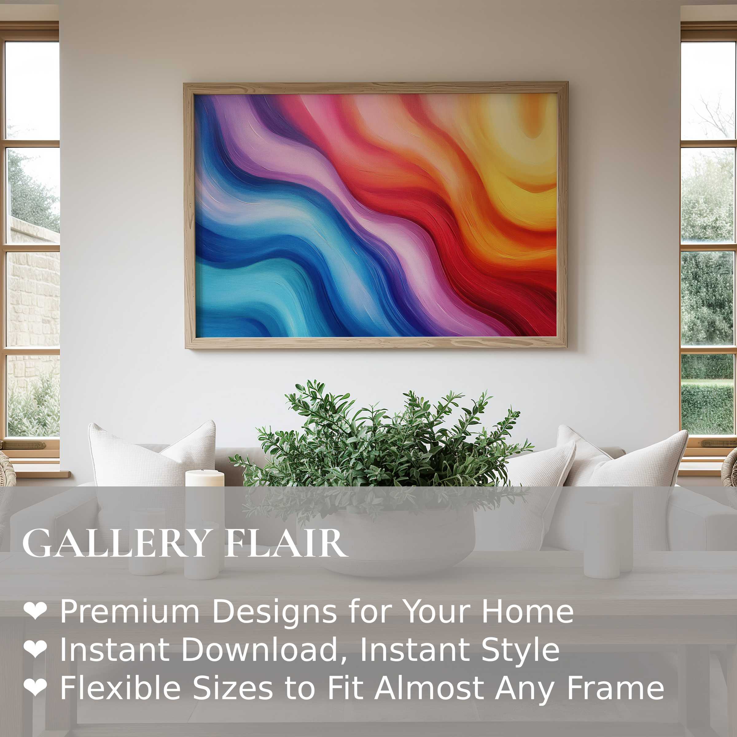 Abstract wall art print with flowing vibrant waves in red, blue, purple, and yellow hues, enhancing a modern minimalist living room with radiant energy and dynamic sophistication