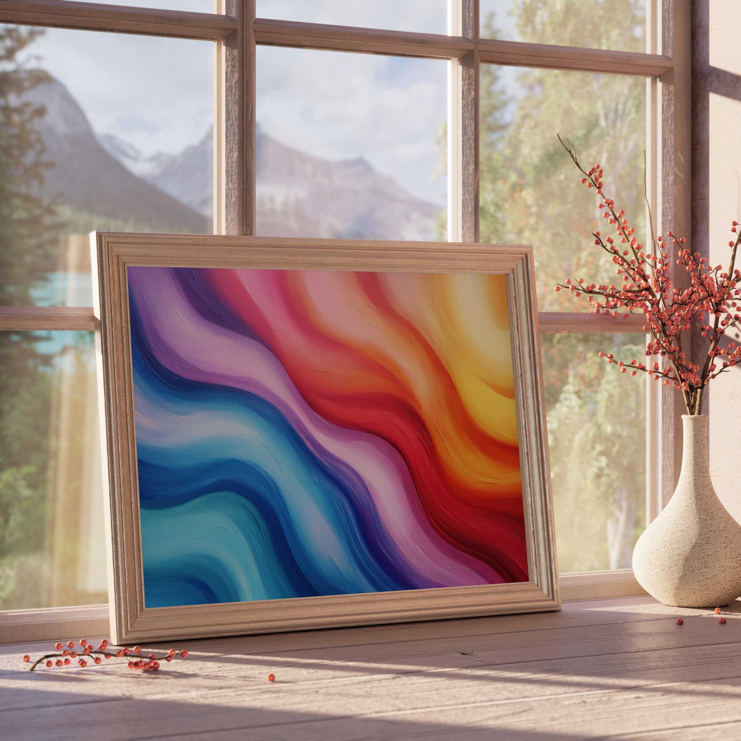 Abstract downloadable art with vibrant flowing waves in warm and cool tones, elevating curated, tranquil interiors with dynamic elegance