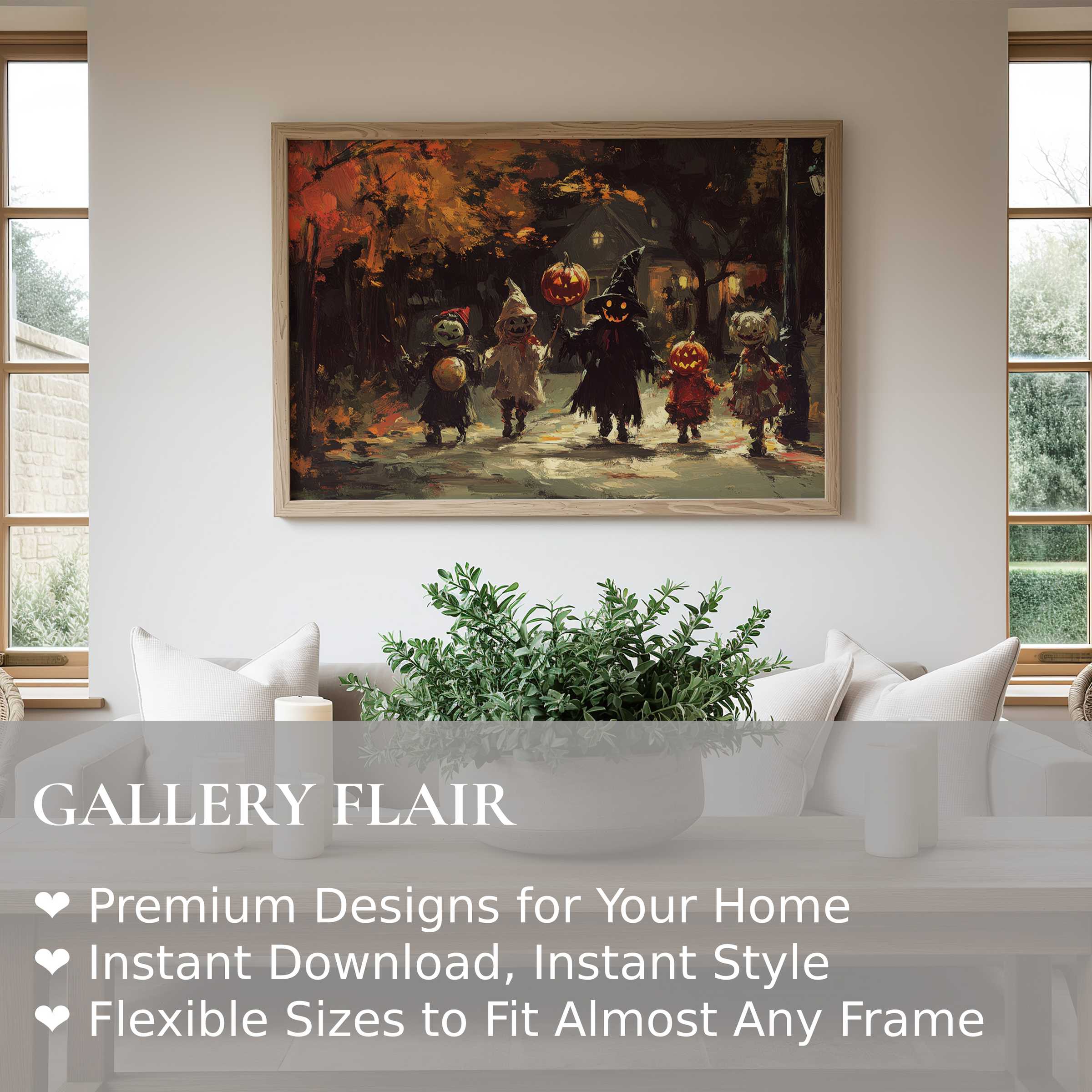 Halloween wall art print featuring whimsical jack-o'-lantern figures on an autumn night, enriching modern rustic interiors with warm, nostalgic charm and festive allure