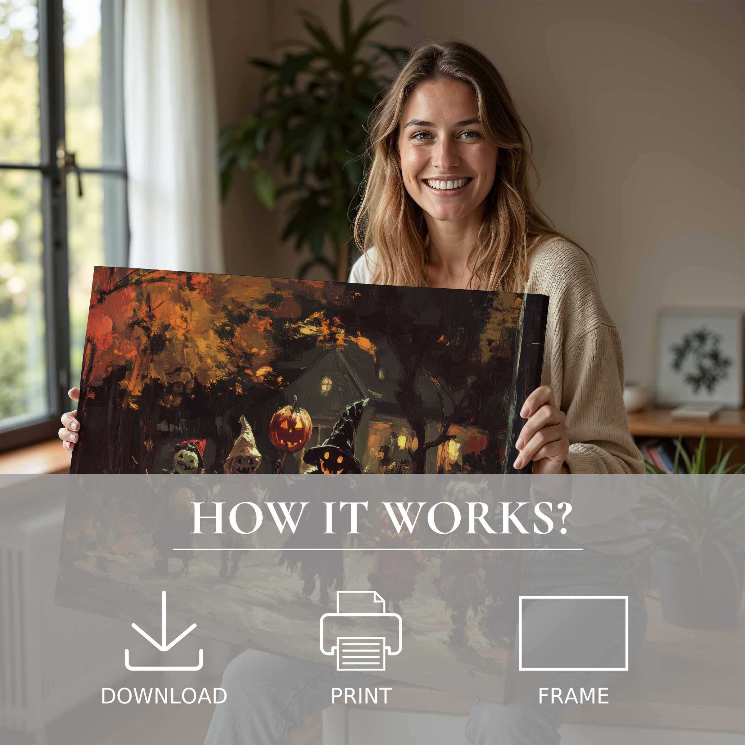 Warm autumnal hues breathe life into this Halloween digital art print, capturing a serene moment of joy and elegant home living