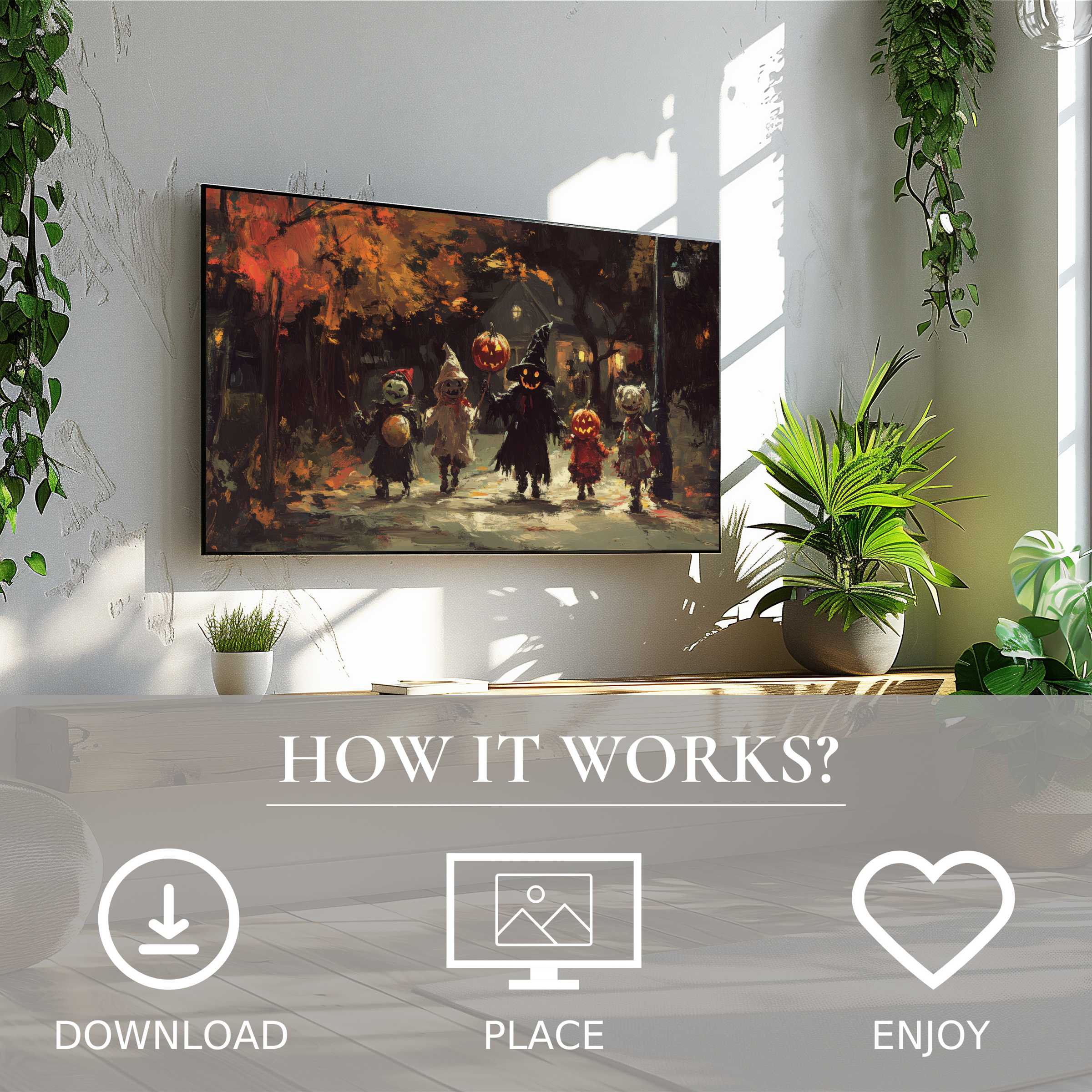 Modern living room with easy digital download; halloween art for Samsung TV shows warm, spooky autumn night scene