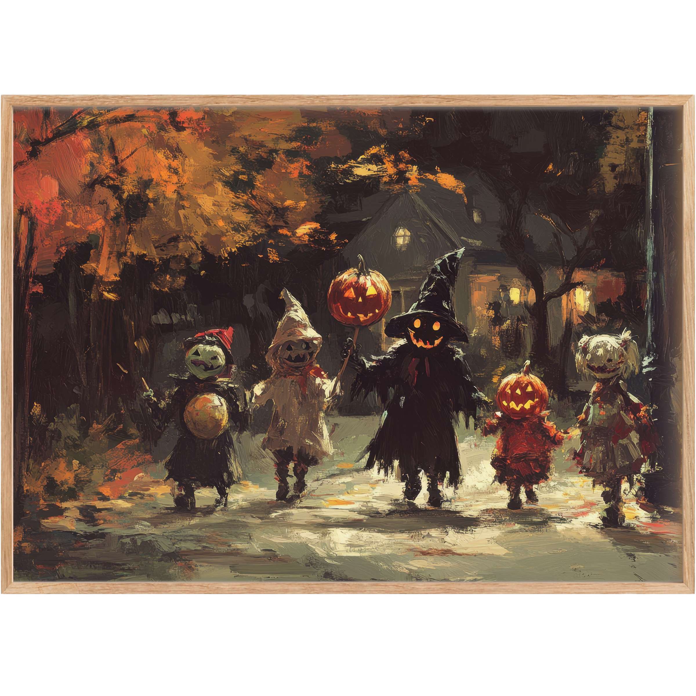 Enchanting halloween printable wall art capturing warm amber and deep shadows, evoking nostalgic, whimsical autumn magic