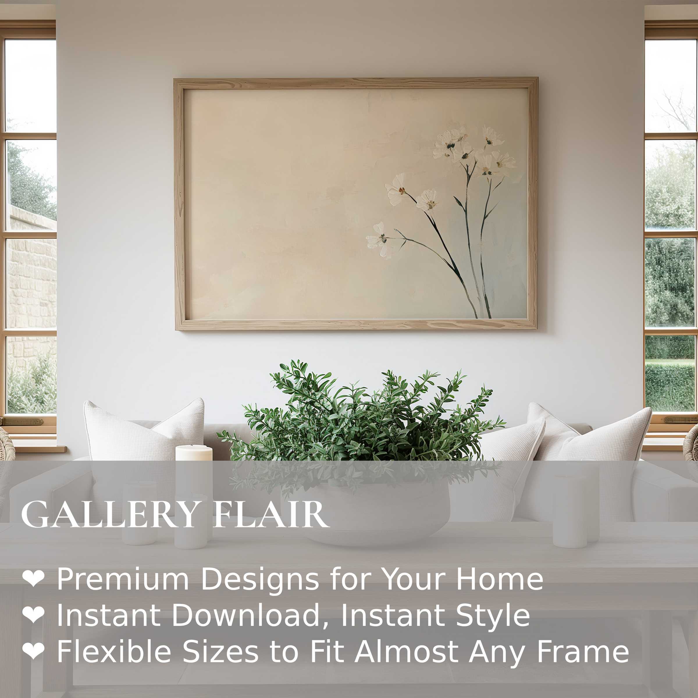 Elegant floral wall art print featuring delicate white blooms in soft neutral tones, enhancing a serene modern minimalist living space with calming botanical charm