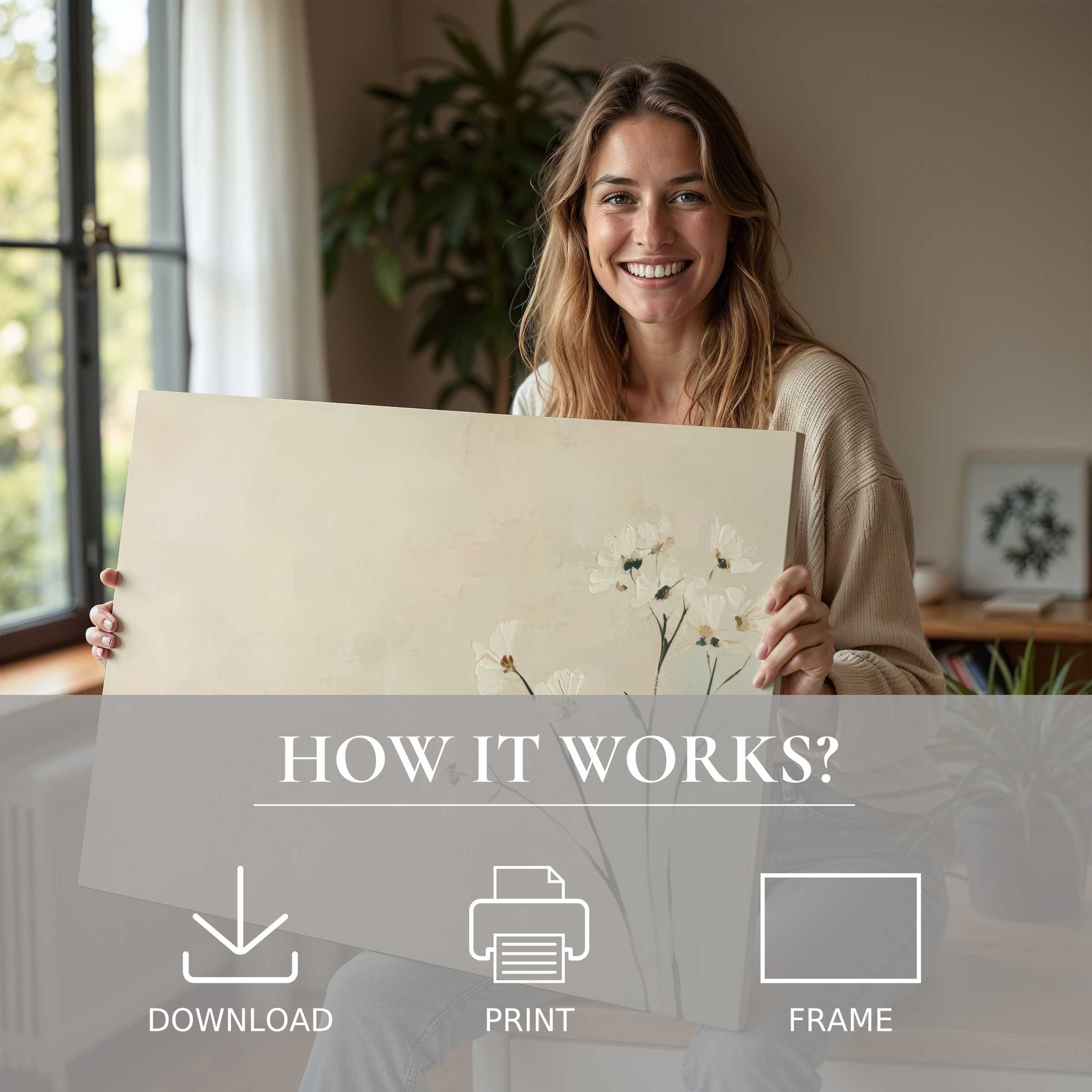 A serene moment of joy with a refined floral digital art print, embodying effortless elegance in modern living