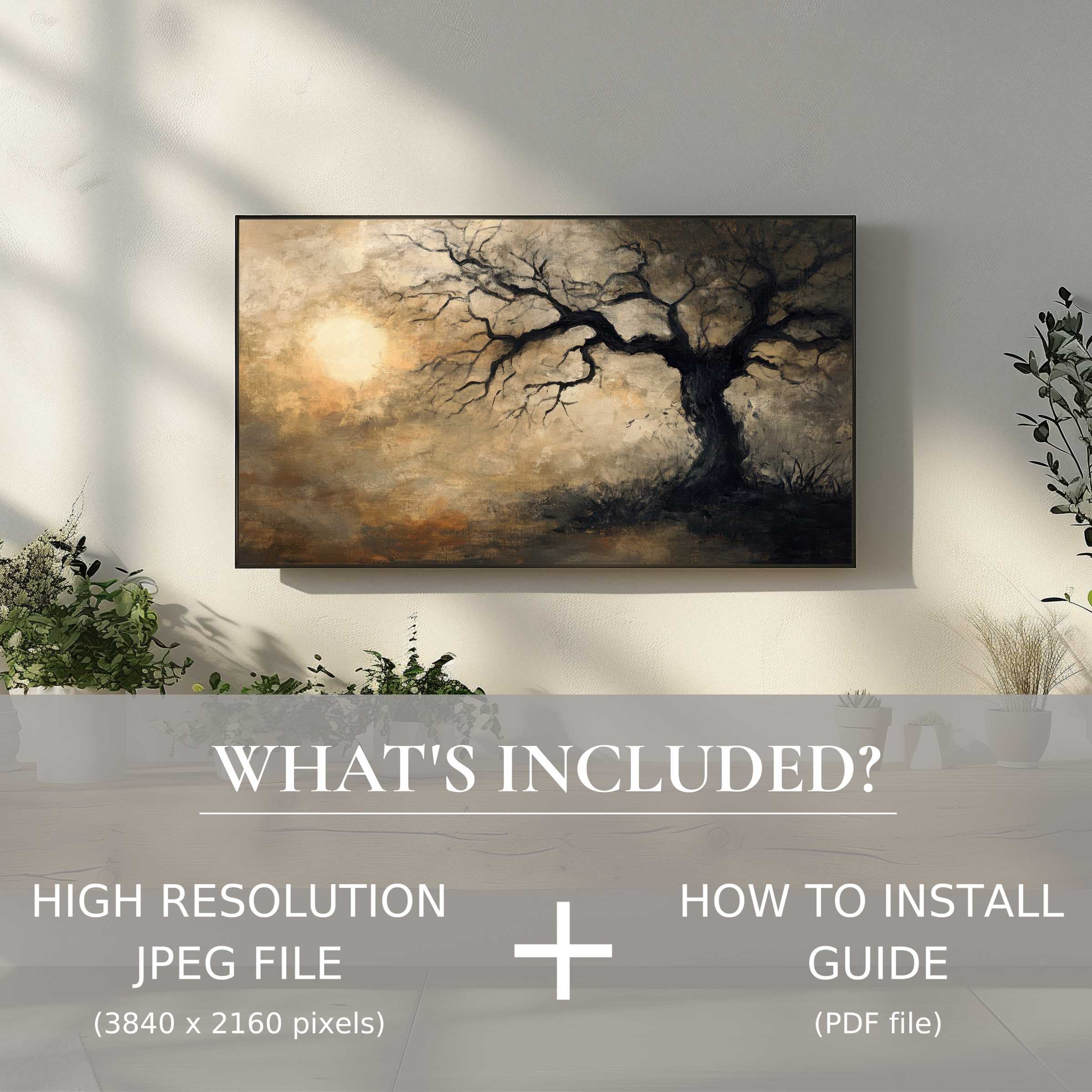 Elegant tree digital TV art download brightens living space with ease, featuring high-res JPEG and simple PDF guide for instant style