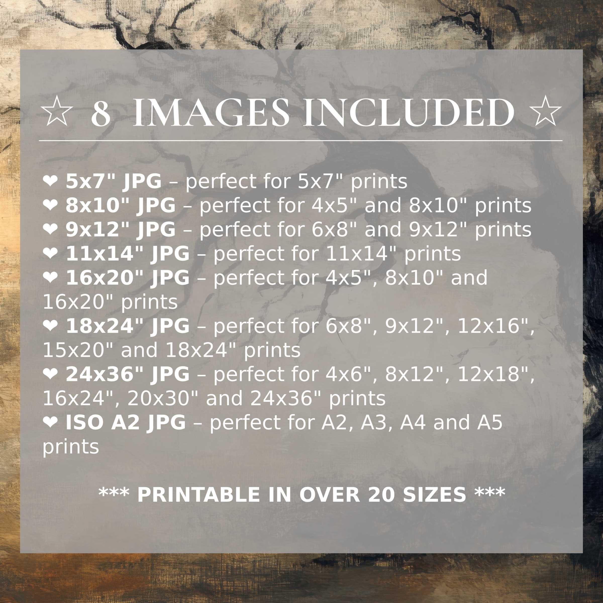Print size guide showing 8 included JPG formats for versatile wall art printing – perfect for framing in popular sizes from 5x7 to 24x36 and A2