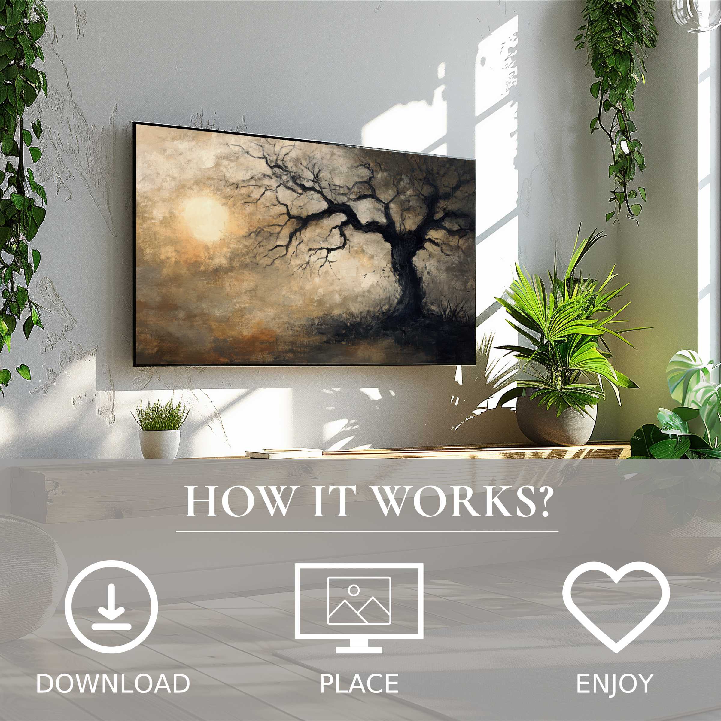 Tree art for Samsung TV shows soft sunset tones; easy digital download enriches stylish, plant-filled living spaces with warm ambiance