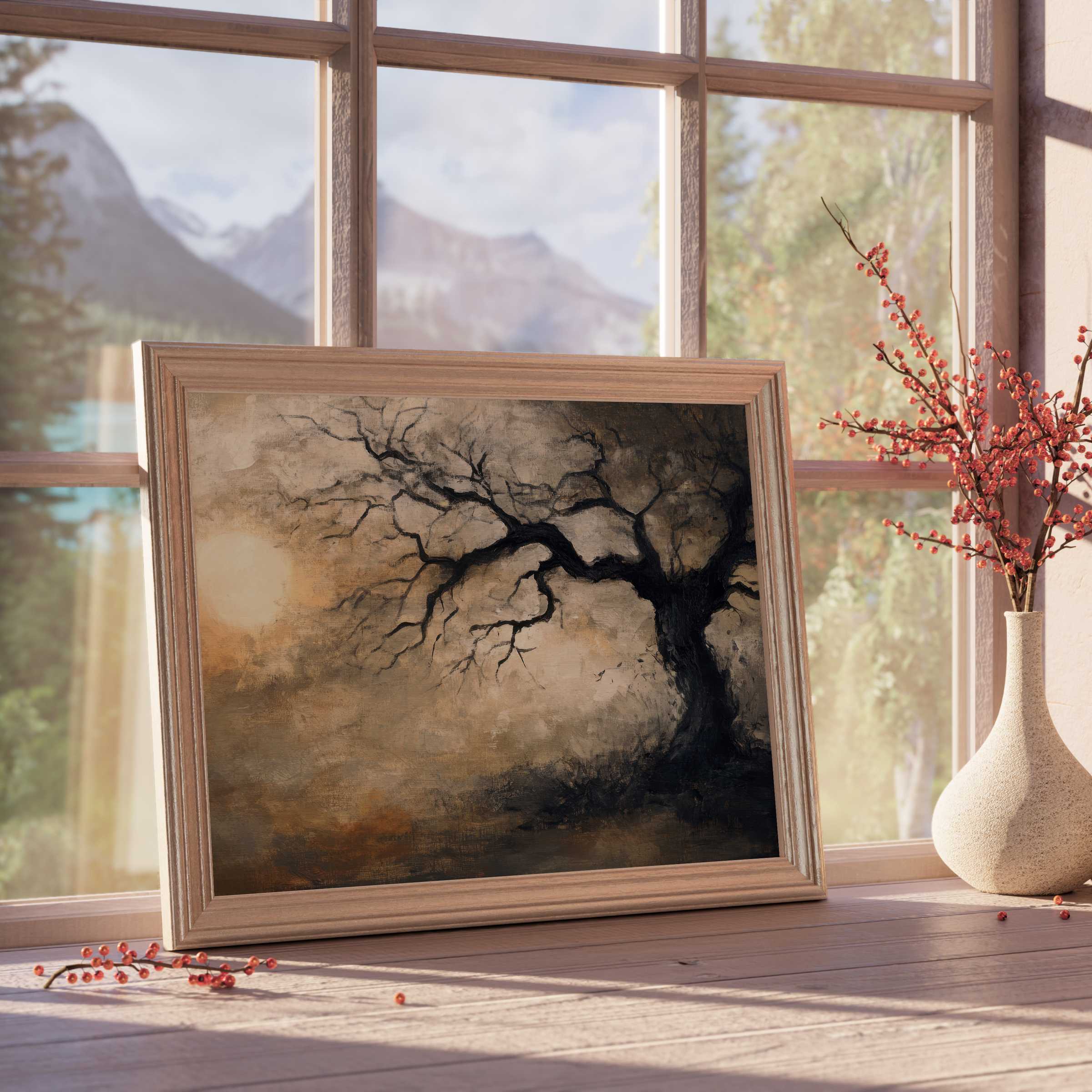 Ethereal tree downloadable art with moody tones, enriching serene interiors with timeless elegance and warm ambient light