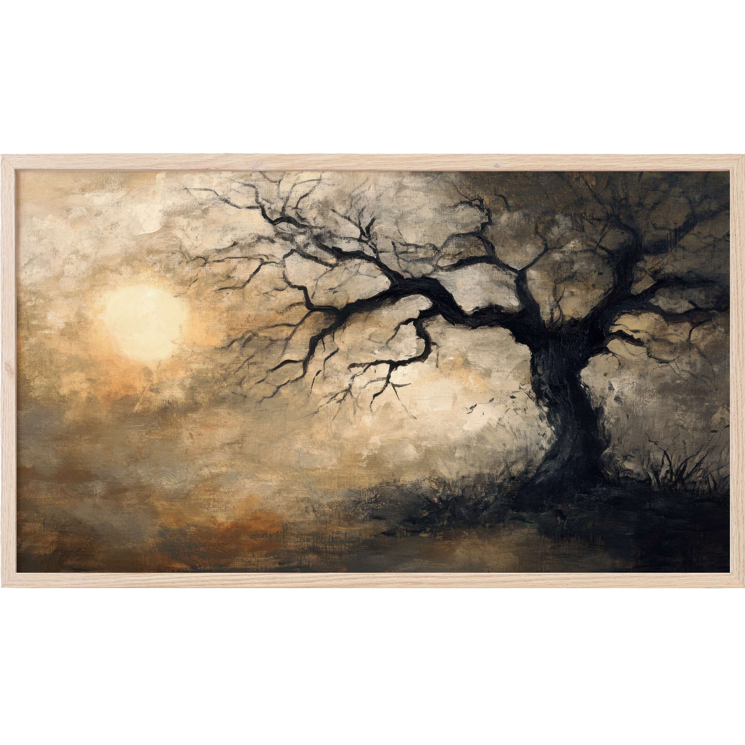 Moody tree silhouette in warm sepia and dark grays, framed for refined, atmospheric tree Frame TV Art
