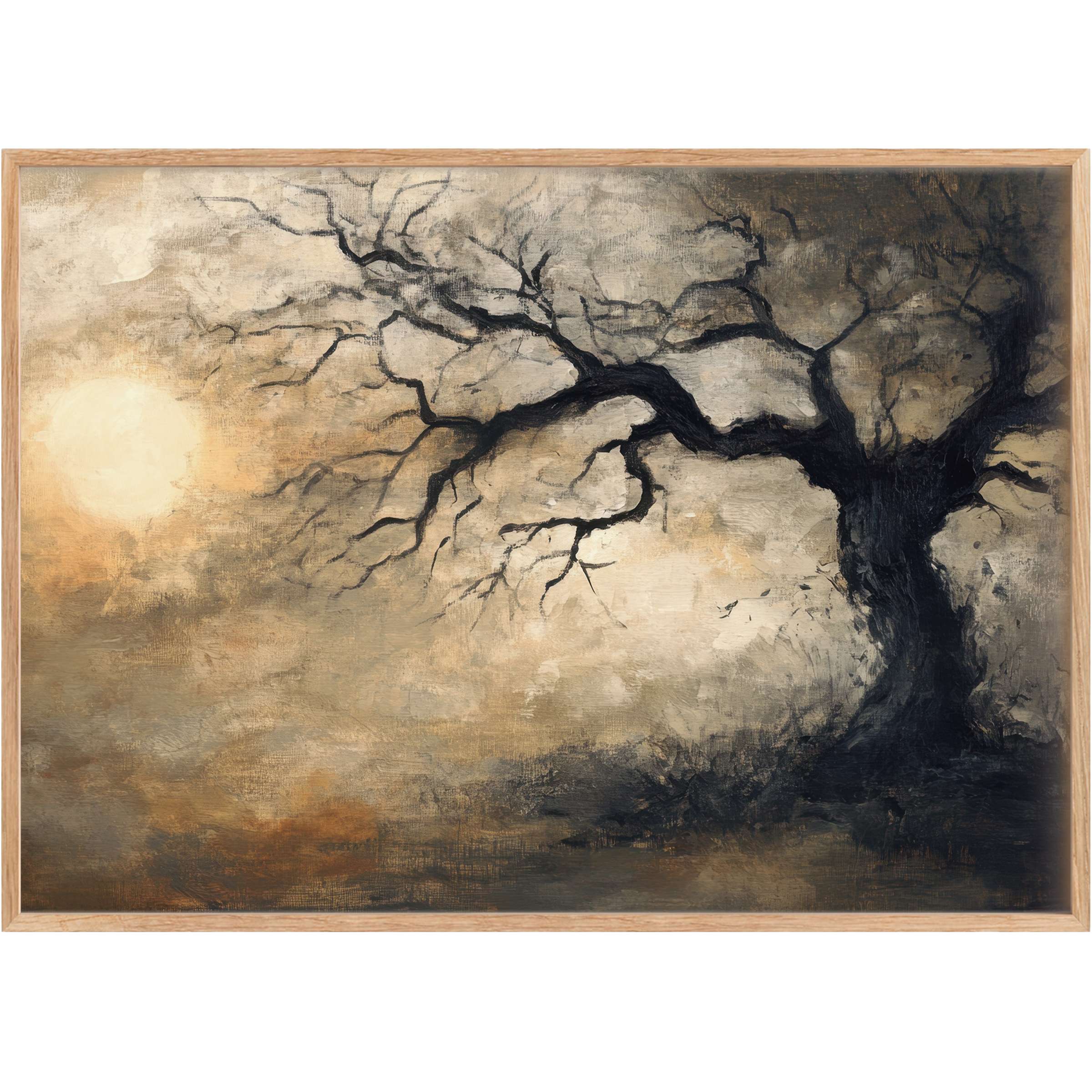 Moody tree printable wall art in deep blacks and warm ambers, evoking serene twilight whispers and timeless elegance