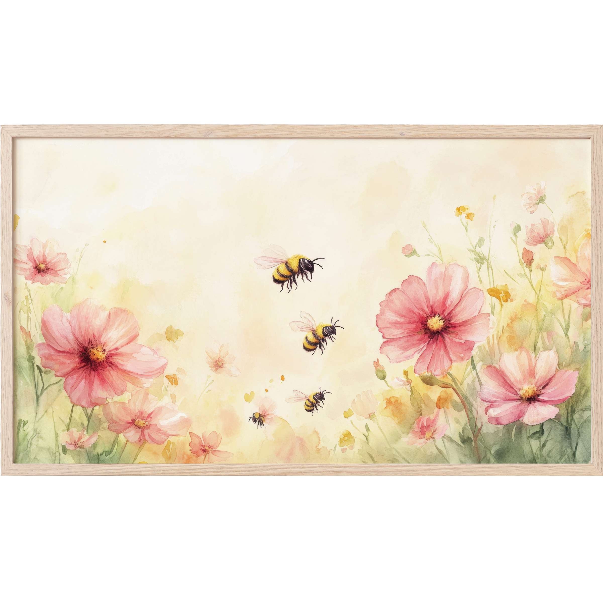 Nursery Frame TV Art with soft watercolor pink flowers and bees in muted yellows, exuding delicate, modern charm