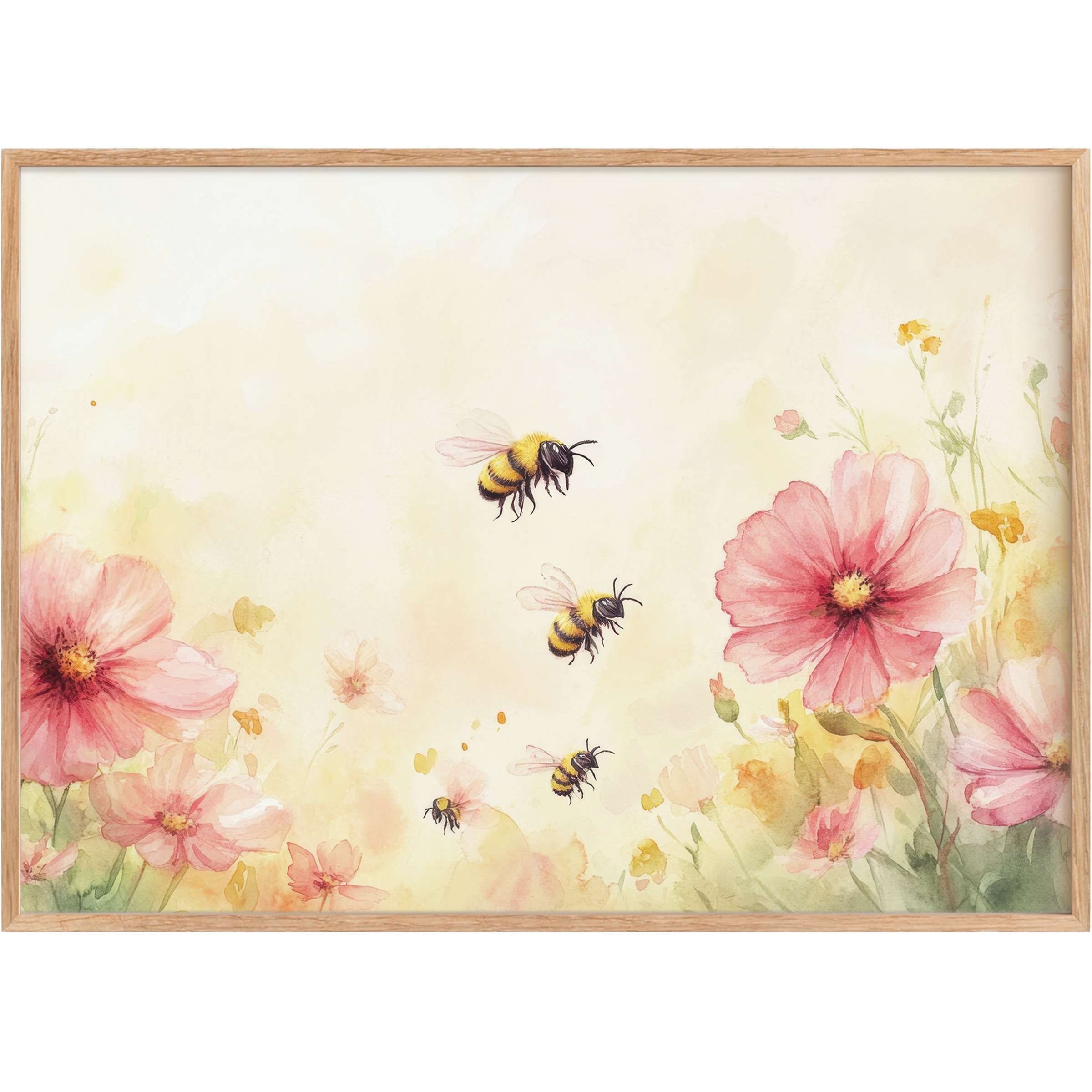 Delicate nursery printable wall art of soft pink blooms and gentle bees, evoking a serene, sunlit garden atmosphere