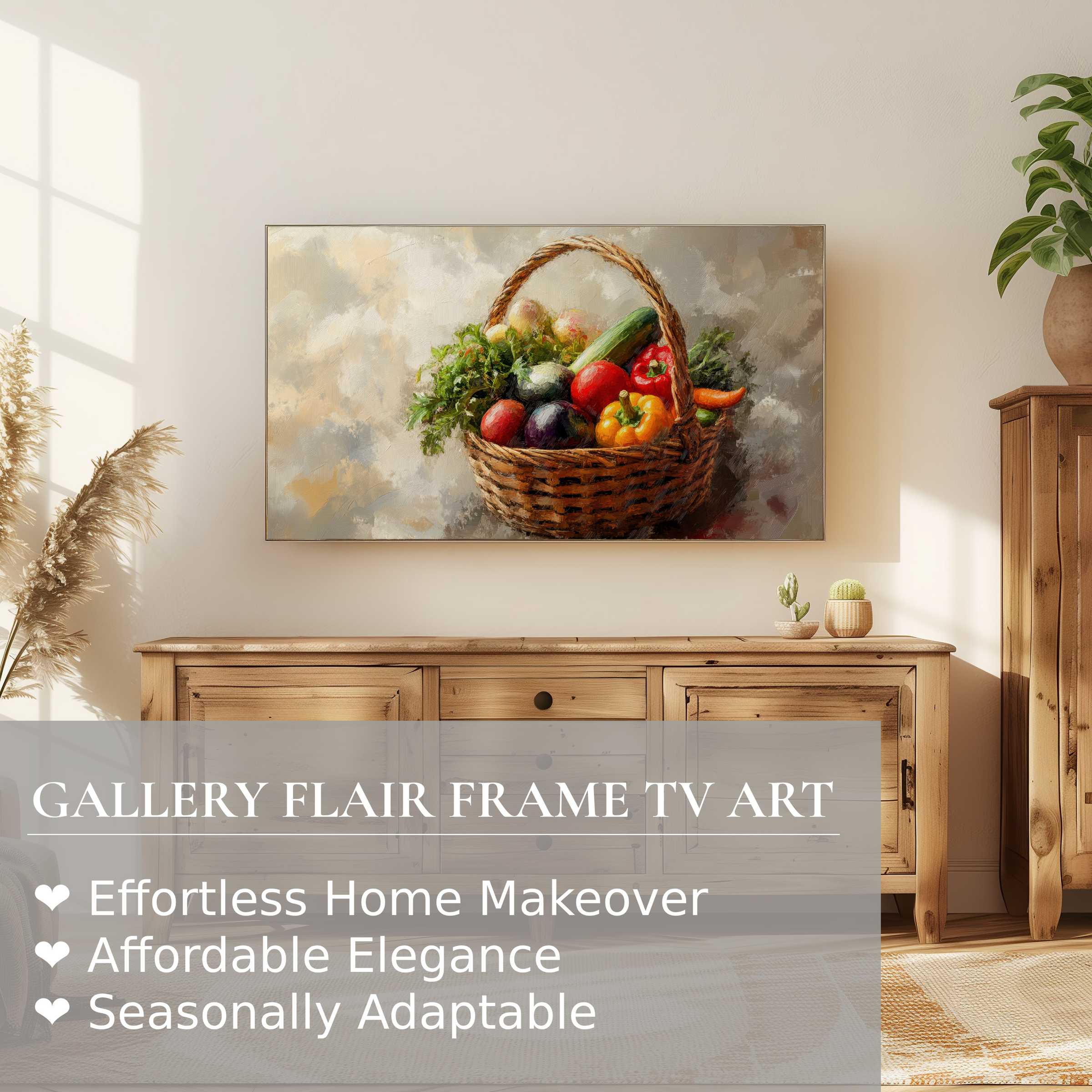 Samsung Frame TV showcasing refined farmhouse digital artwork of a rustic basket in a serene, sunlit living space