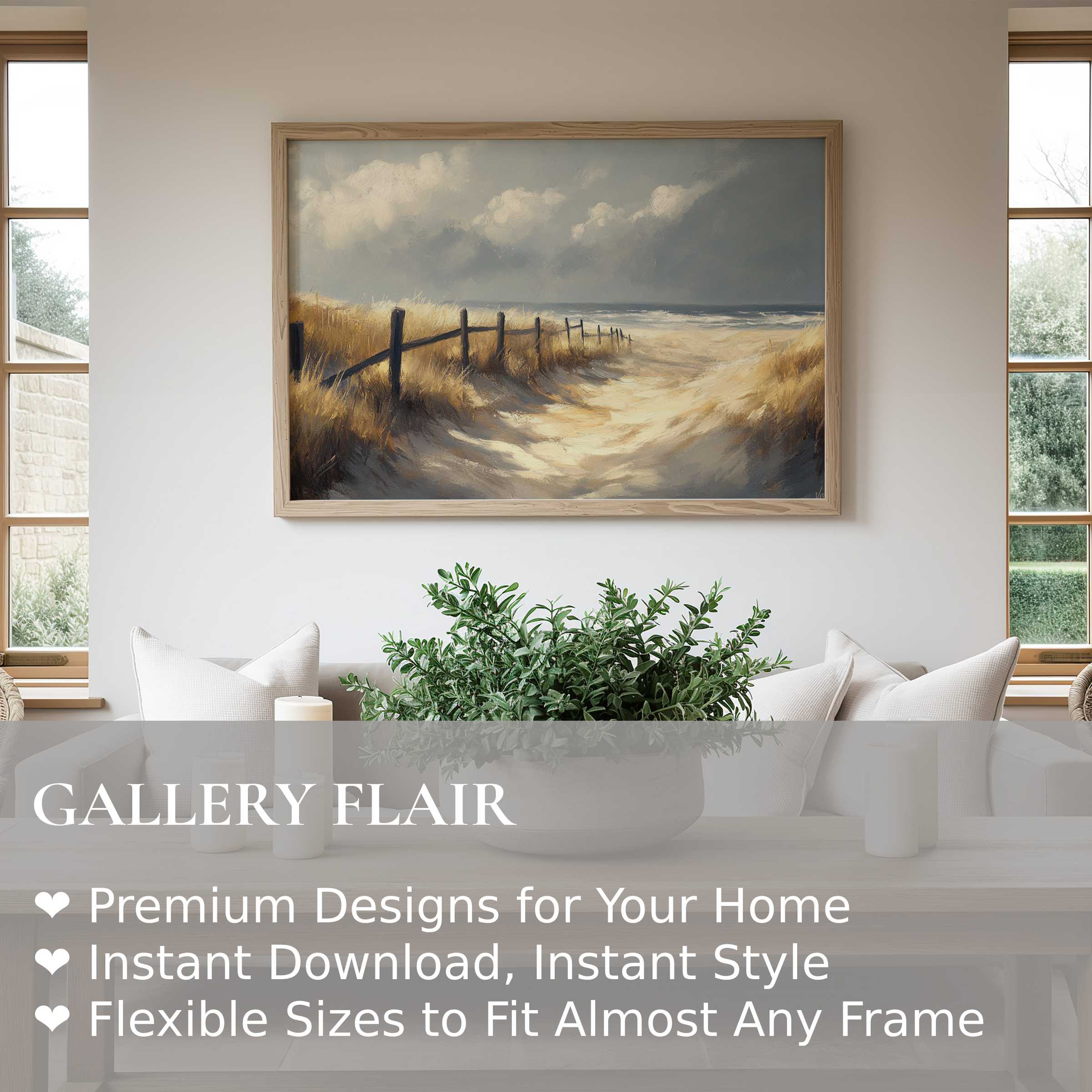 Calm, radiant beach wall art print capturing a serene coastal path with soft dunes and cloudy skies, elevating modern minimalist interiors
