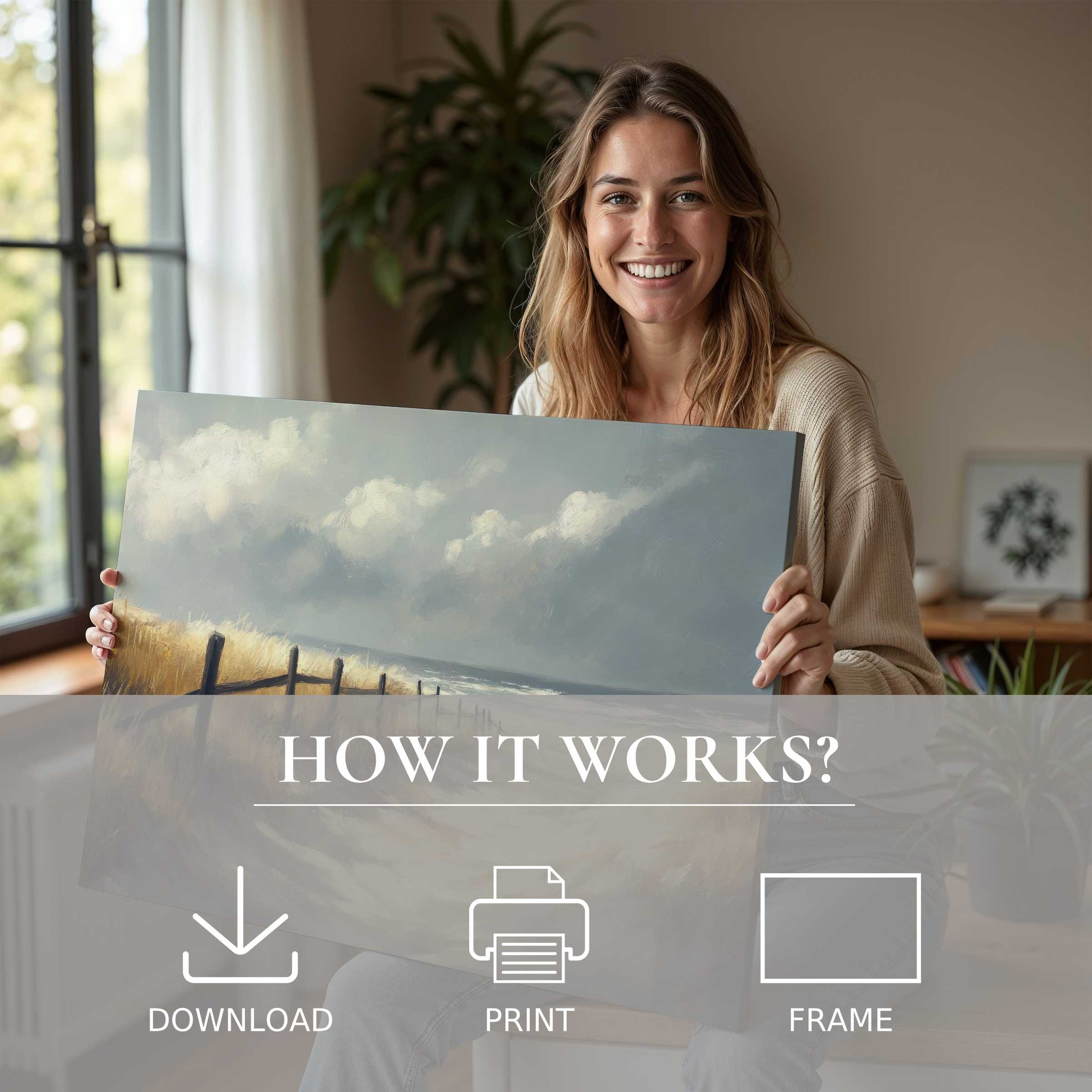 Joyful moment with beach digital art print in soft, muted tones, enriching a stylish home with effortless, soulful elegance