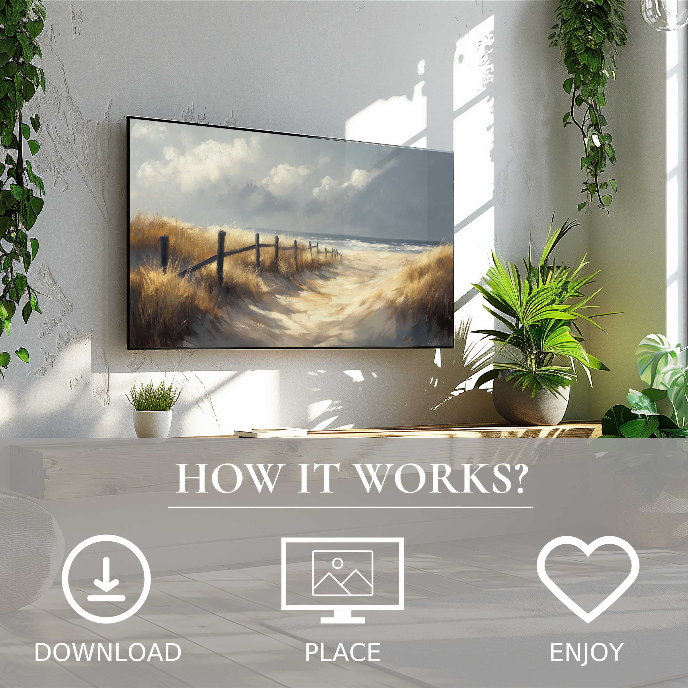 Beach art for Samsung TV shows soft beach dunes in warm tones, easy digital download enriches stylish living spaces