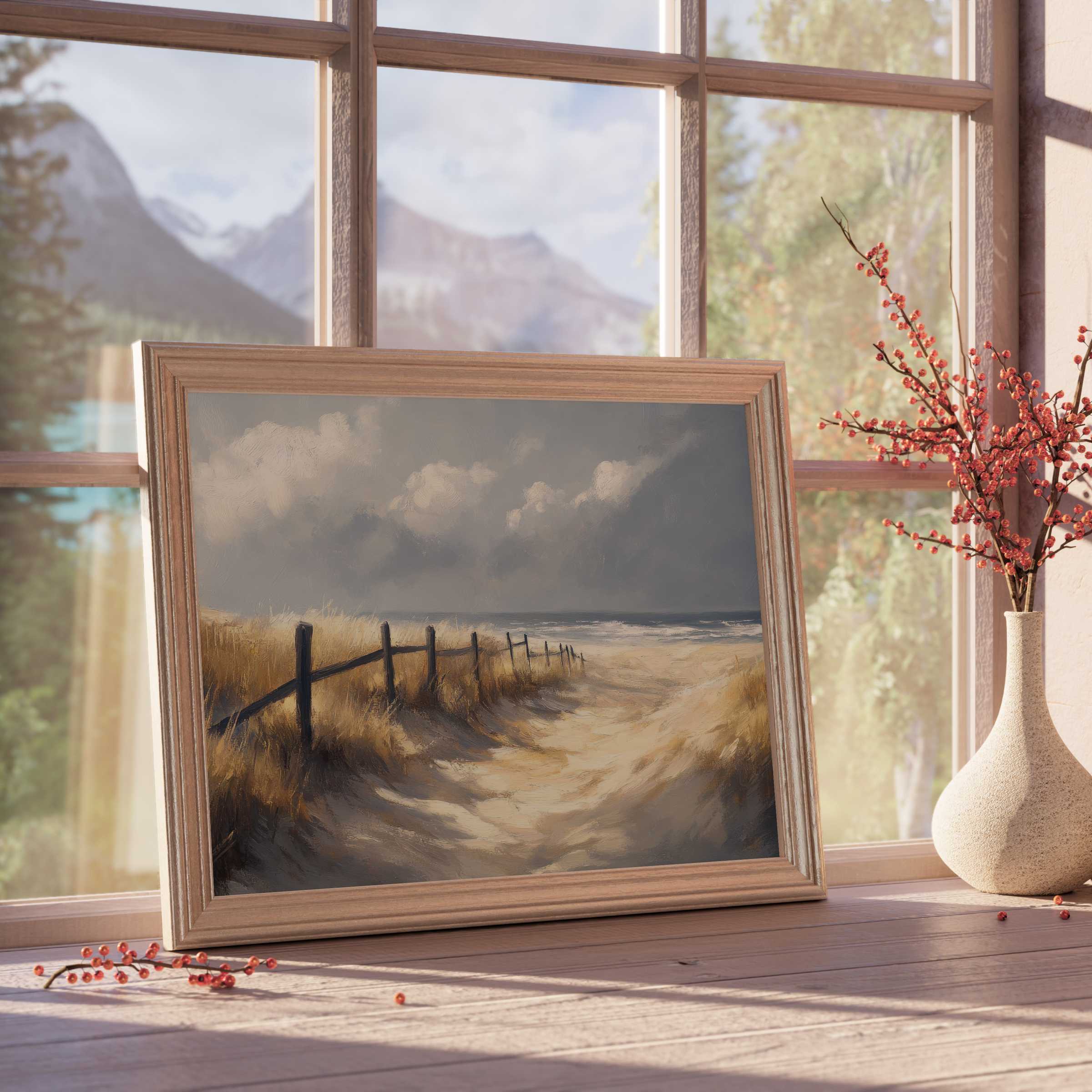 Beach downloadable art of serene coastal dunes framed in natural wood, evoking calm, warm light and timeless elegance for curated interiors