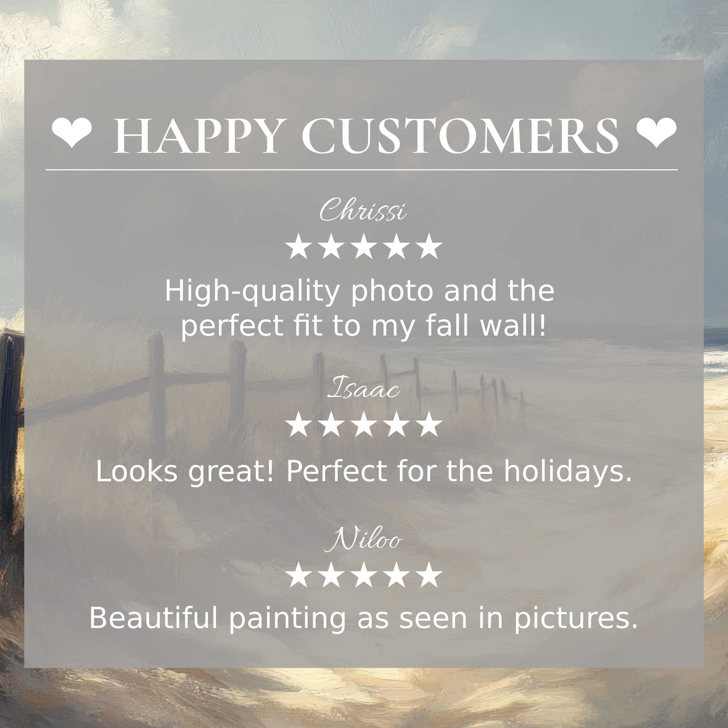 Beach art for Frame TV with abstract sunset hues, showing happy customer reviews and elegant, trustworthy design