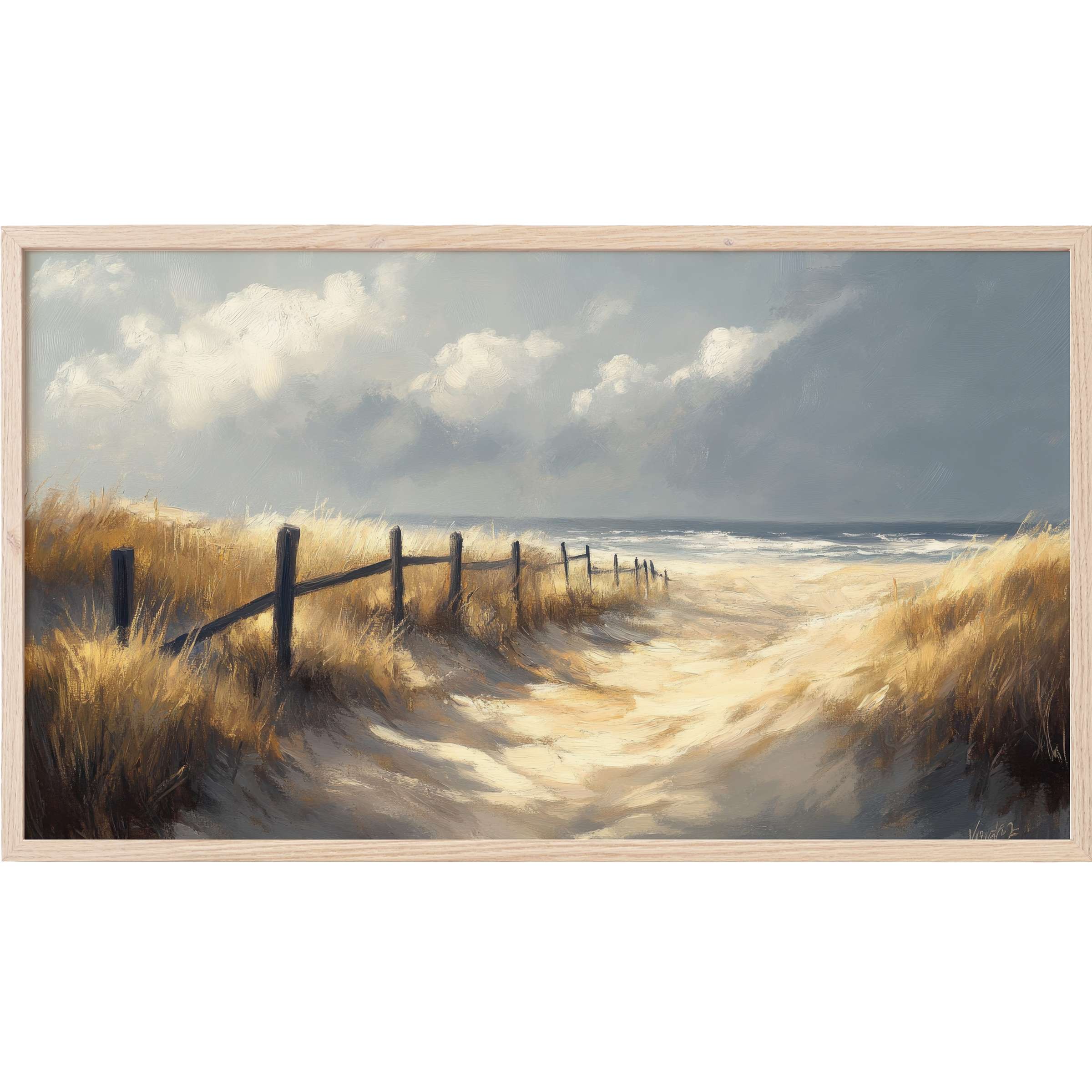 Subtle sandy path with golden grasses and moody sky in a serene beach Frame TV Art, modern coastal elegance