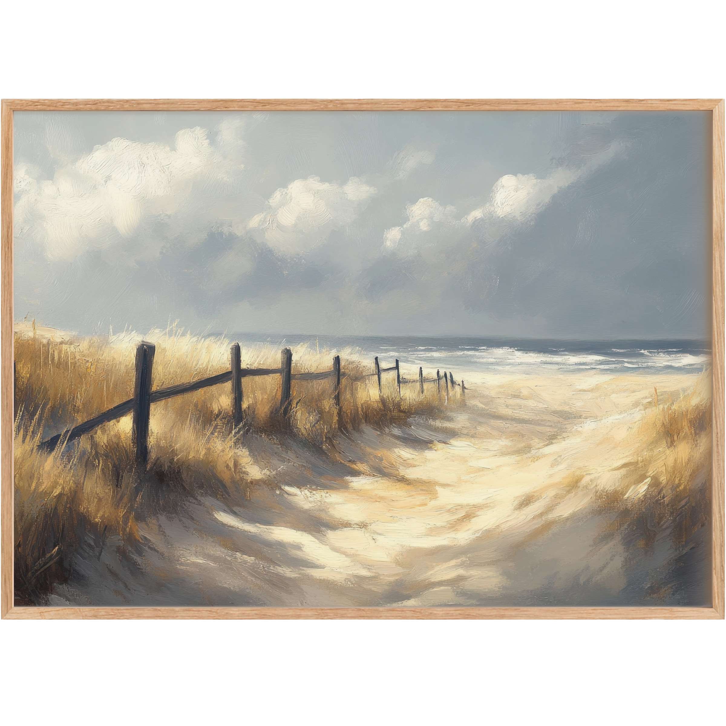 Serene beach printable wall art with soft sandy hues and muted blues, evoking a calming coastal escape in elegant interiors