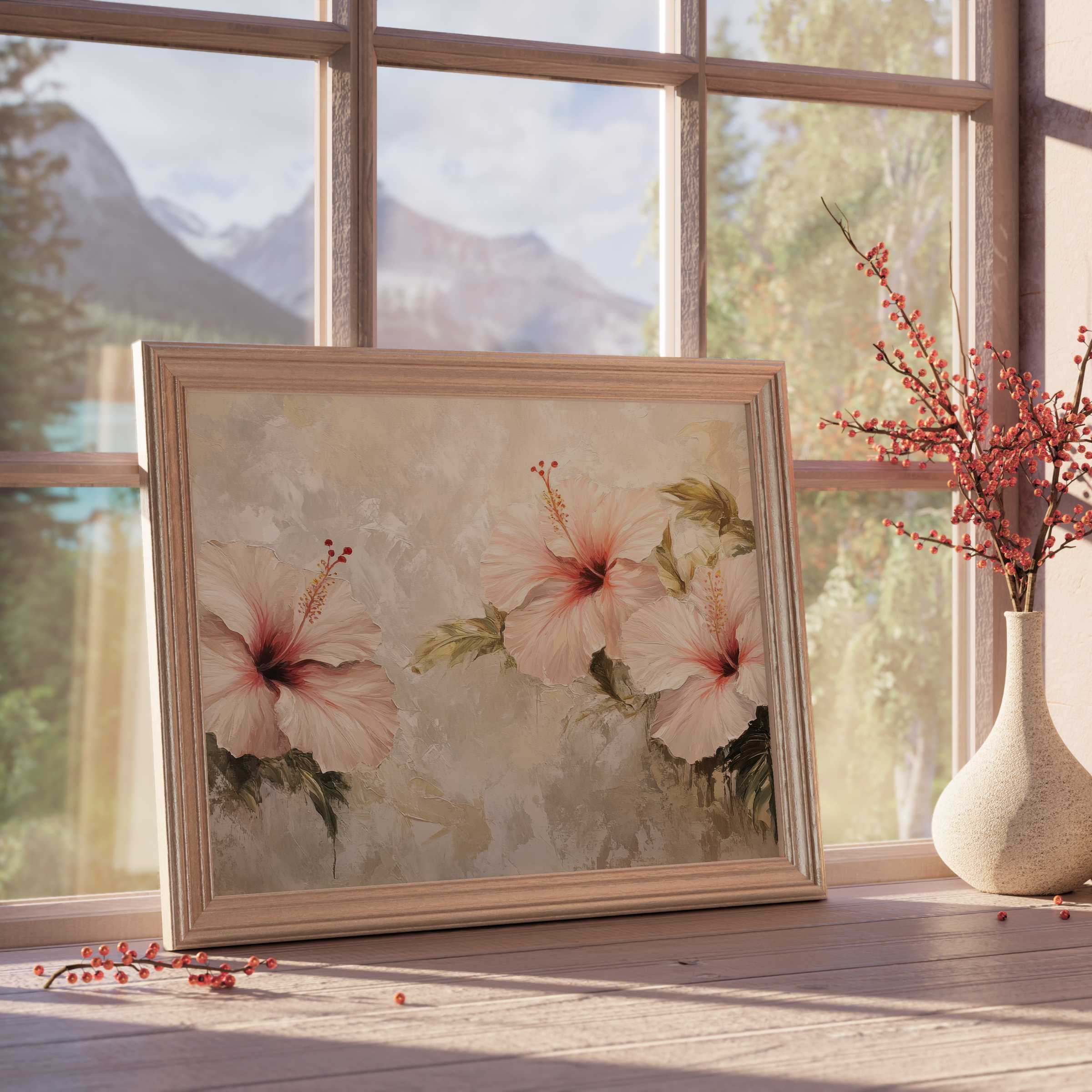 Botanical downloadable art of soft hibiscus blooms in neutral tones, elevating tranquil, curated interiors with timeless elegance
