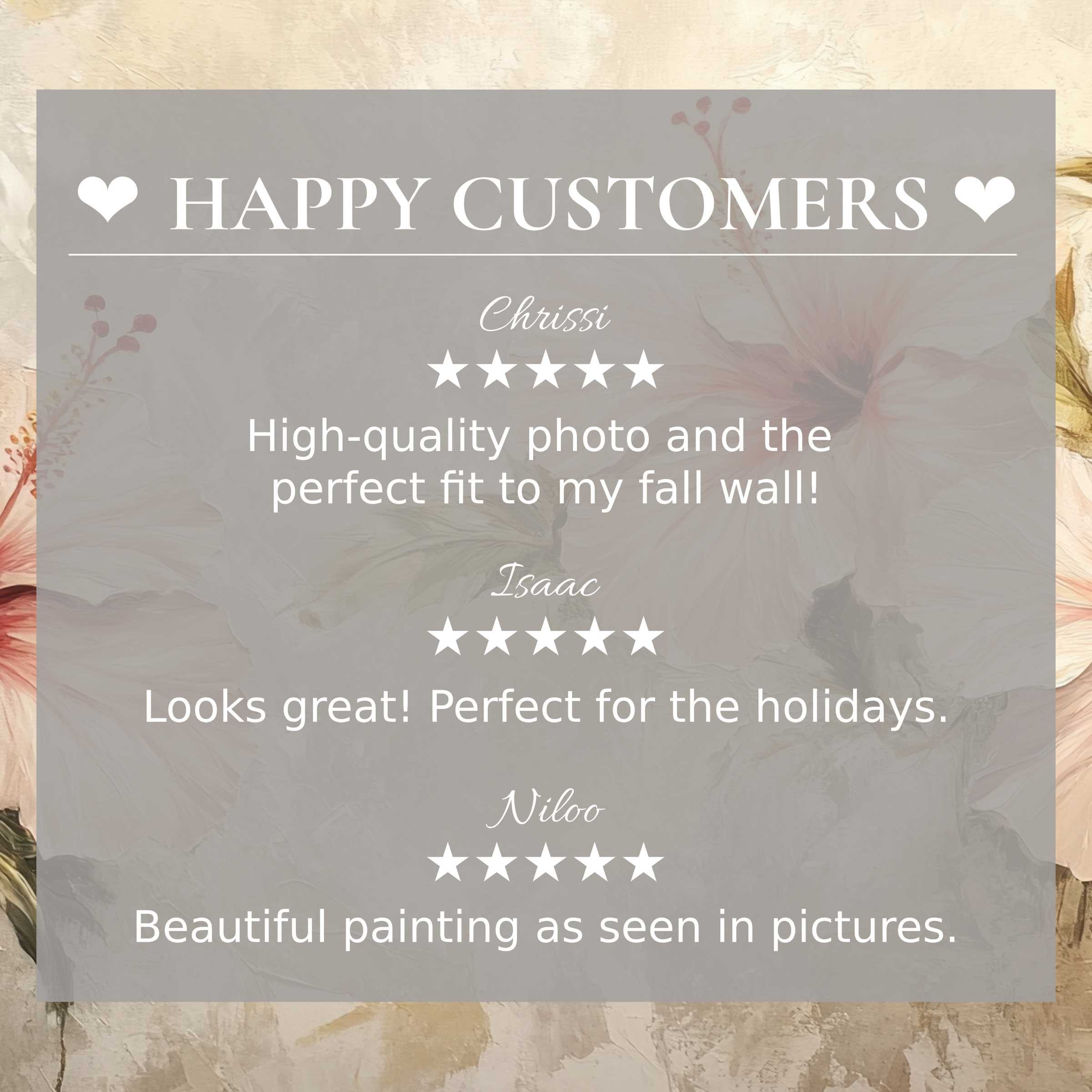 Elegant botanical art for Frame TV with a muted floral background and happy customer reviews building trust